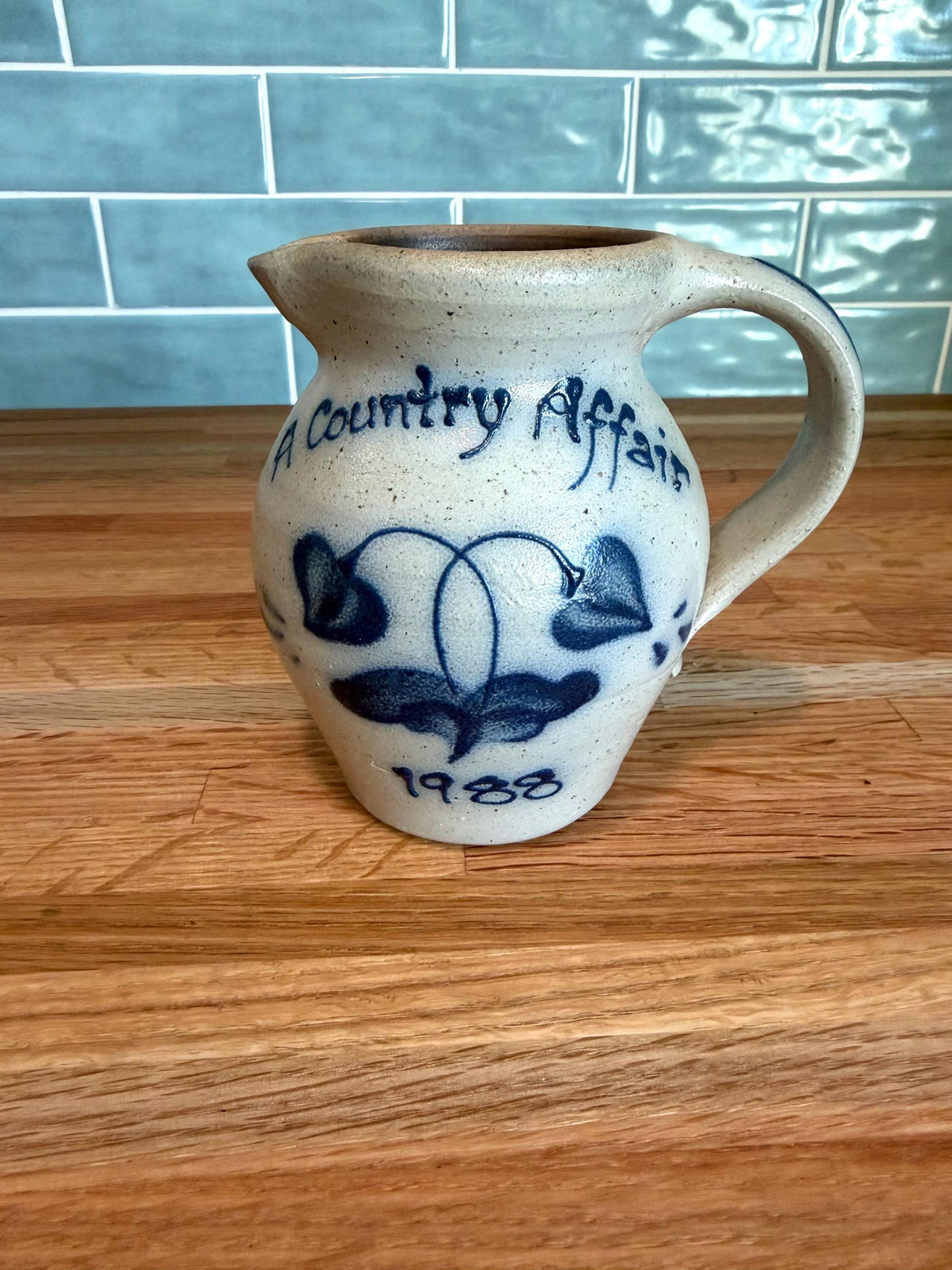Vintage Rockdale Pottery Cream & Sugar Set, Pitcher and Sugar Bowl with Lid, Hand-Painted Blue Floral, Heart, Salt Glaze