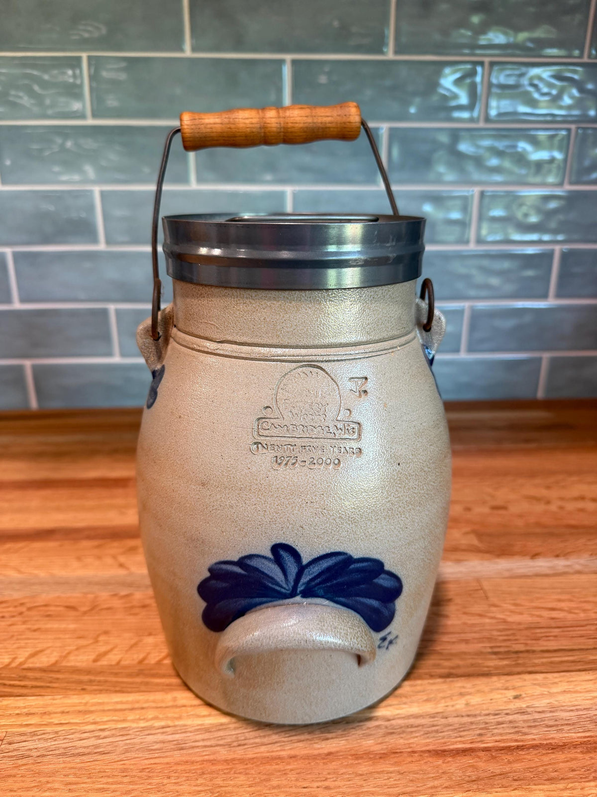 Rowe Pottery Batter Pitcher Jug - Anniversary Edition Vintage 2000 - Metal Lid & Cap - Salt Glaze Gray Stoneware