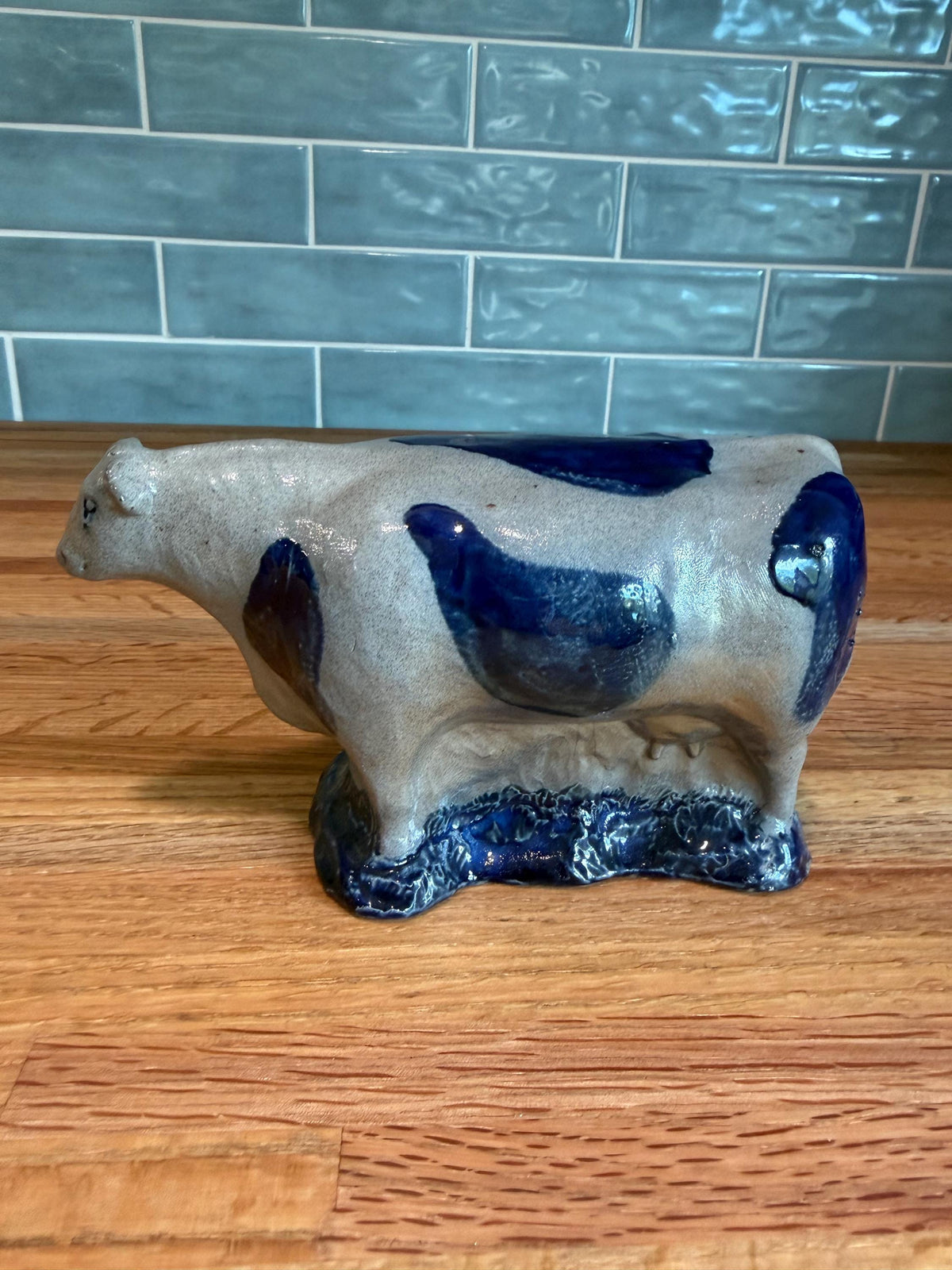 Rowe Pottery Cow Figurine – Cobalt Blue - Gray Salt Glaze Stoneware - Vintage 1994 - Made in Wisconsin Folk Art