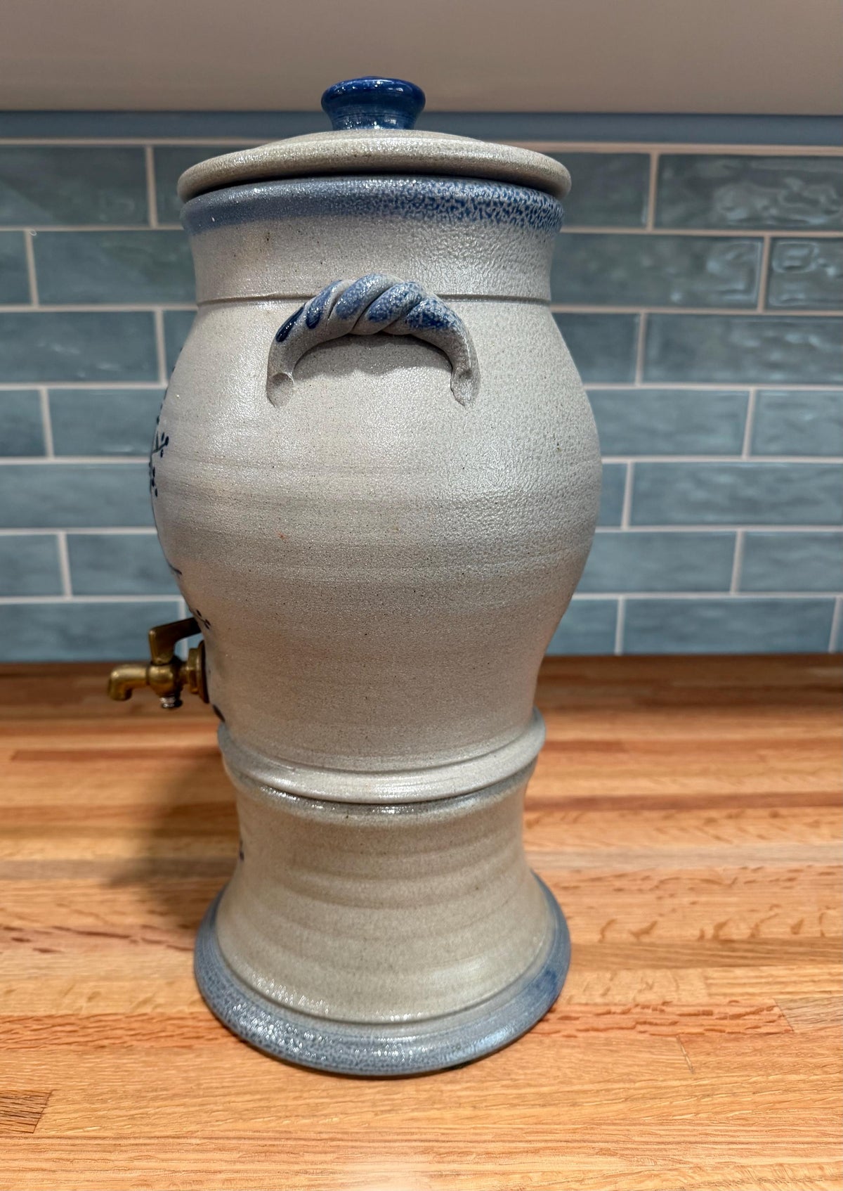Rowe Pottery Water Cooler Drink Dispenser - Blue Berry Basket - Salt Glaze Stoneware - Brass Spigot - Vintage 1996