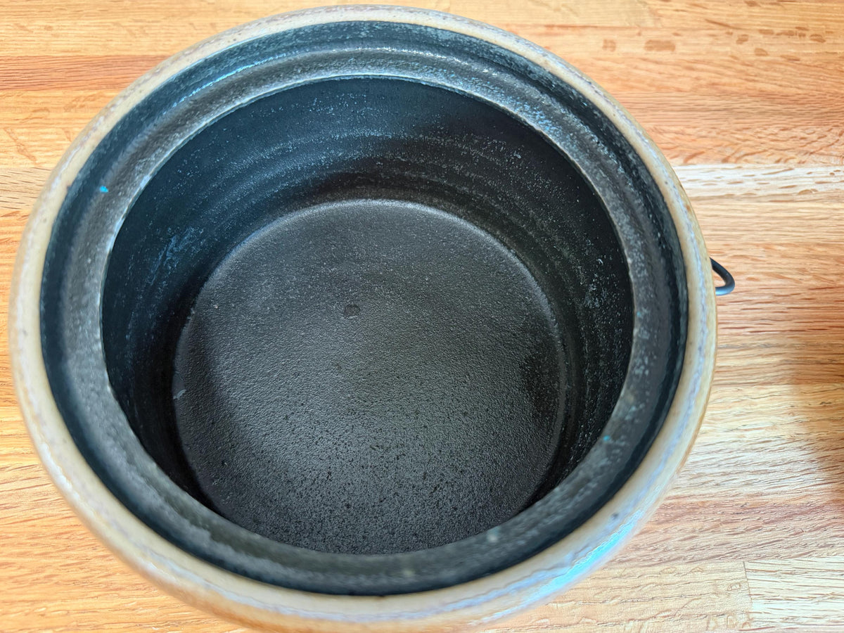 Rowe Pottery Butter Crock with Lid, Wood Handle- Blue Floral - Salt Glaze - Historical Collection