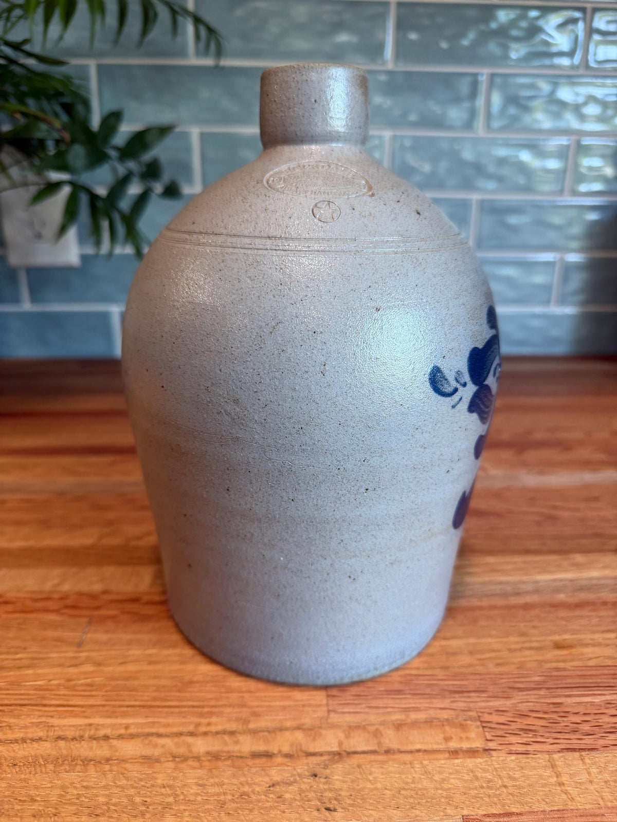 Rockdale Pottery Jug with Handle - Hand Painted Blue Floral - Salt Glaze Stoneware - Vintage 1993