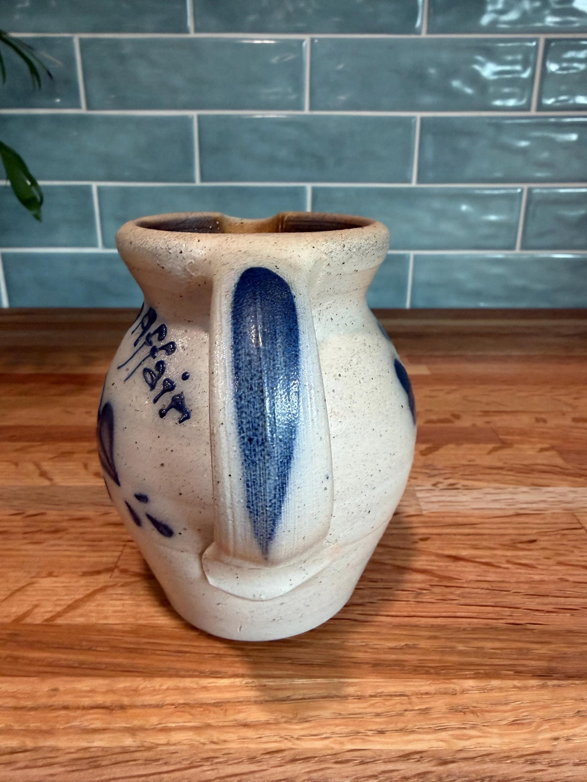 Vintage Rockdale Pottery Cream & Sugar Set, Pitcher and Sugar Bowl with Lid, Hand-Painted Blue Floral, Heart, Salt Glaze