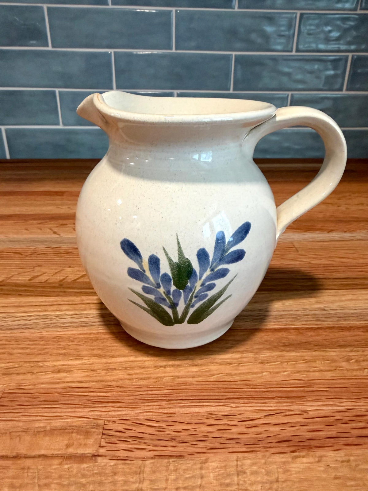 Rowe Pottery Pitcher – Ivory Stoneware -Hand-Painted Blue Floral - Vintage Wisconsin Folk Art