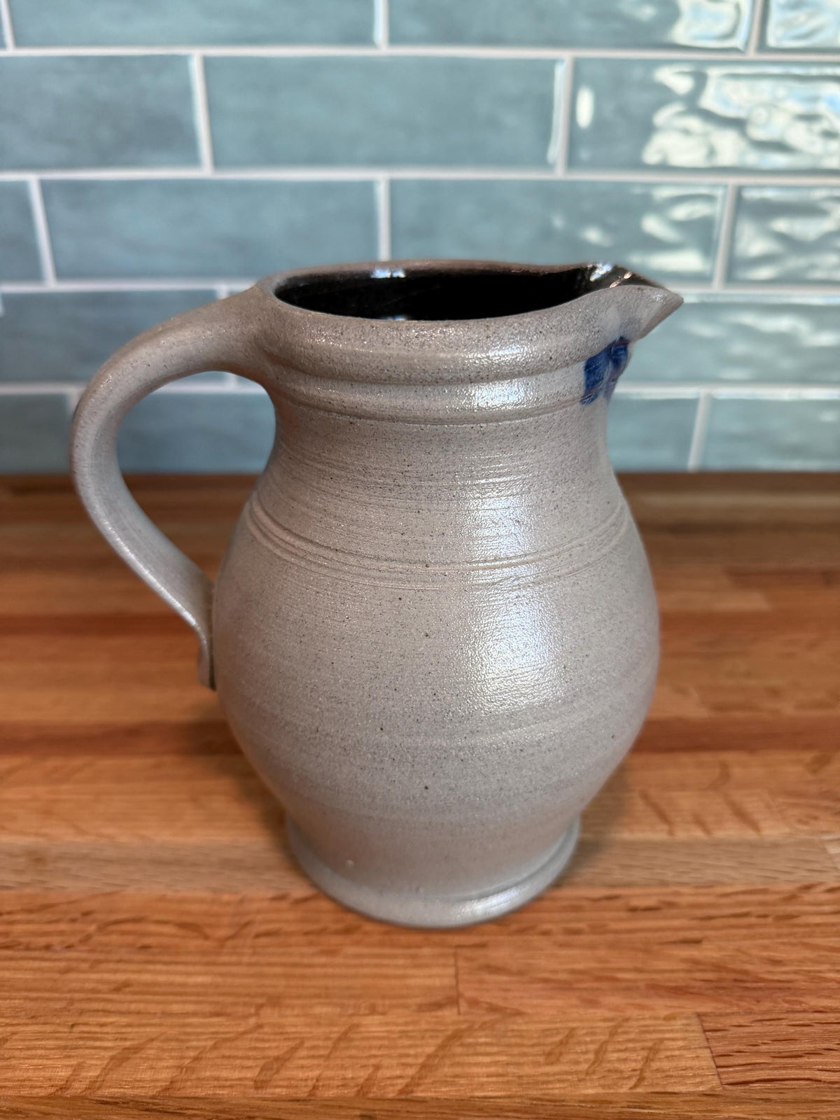 Rowe Pottery Quart Pitcher – Hand-Painted Cobalt Blue Heart - Salt Glaze Stoneware- Vintage Wisconsin Art