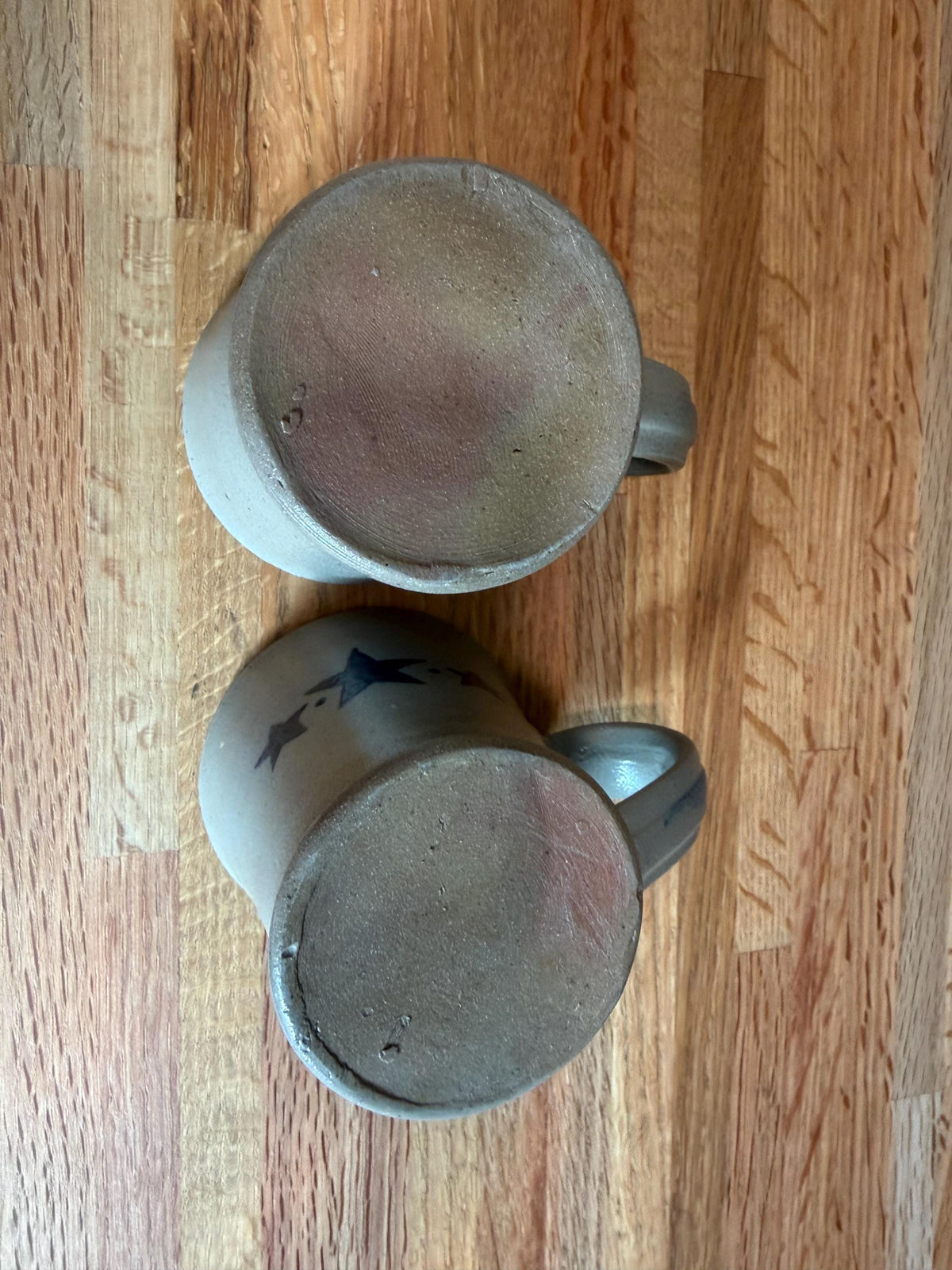 Vintage Rowe Pottery Coffee Mug Set of 2 - Cobalt Blue Stars - Gray Salt Glazed Stoneware
