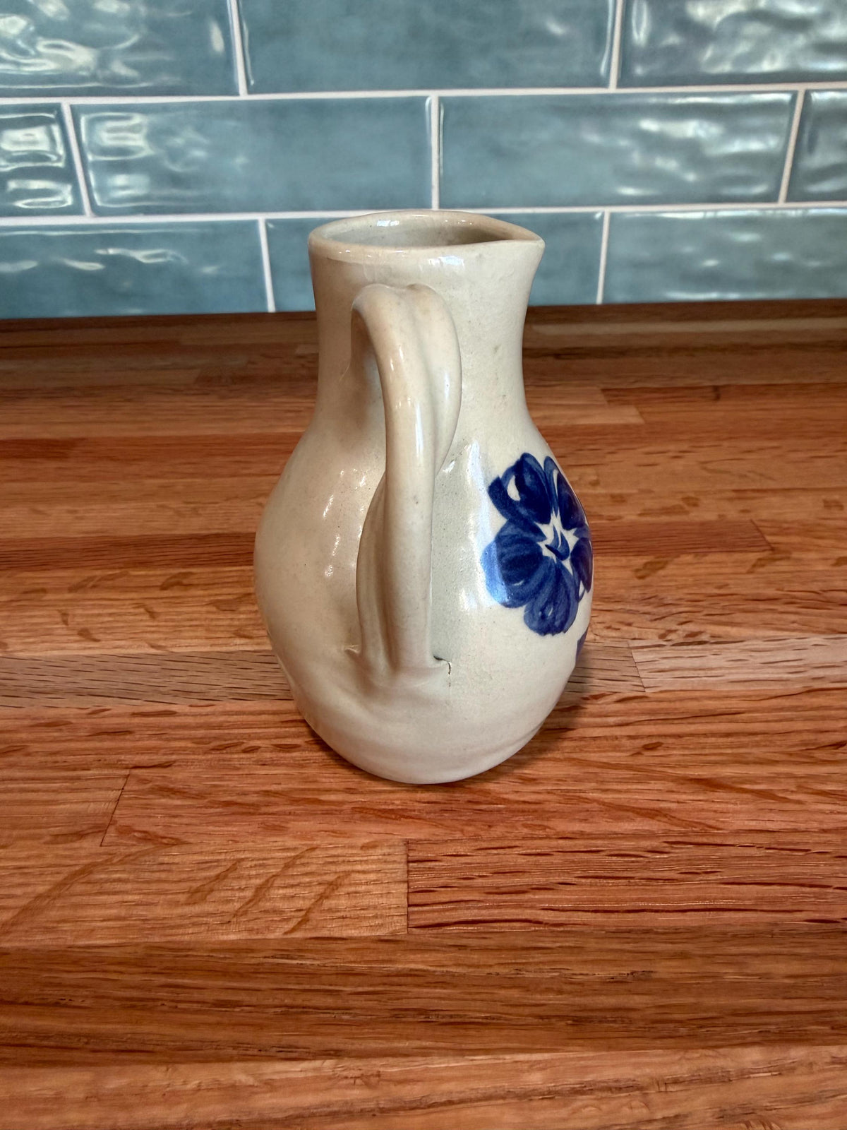 Williamsburg Pottery Vase - Hand Painted Cobalt Blue Floral - Cream Salt Glaze Stoneware - Vintage 1980s