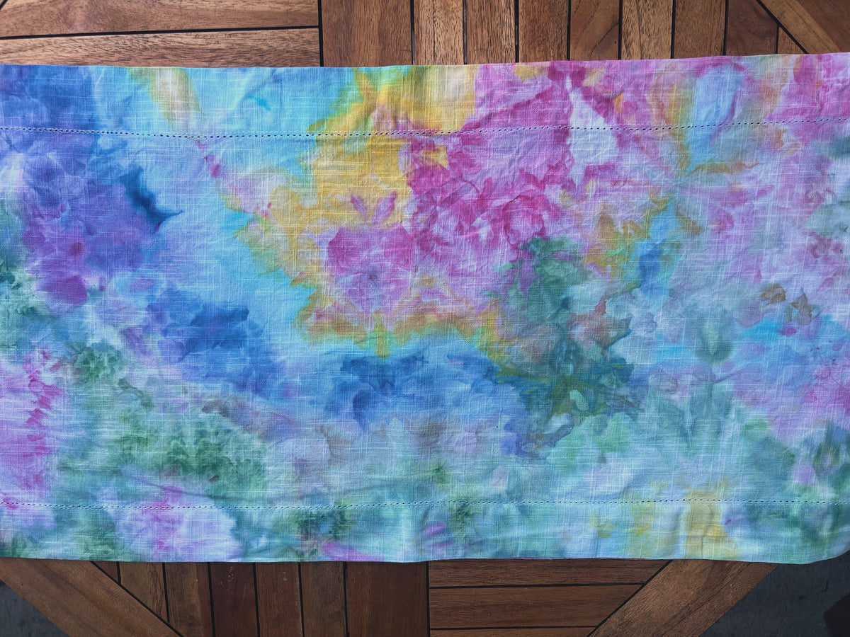 Rainbow Ice Dyed Cotton Table Runner: Watercolor Garden Decor