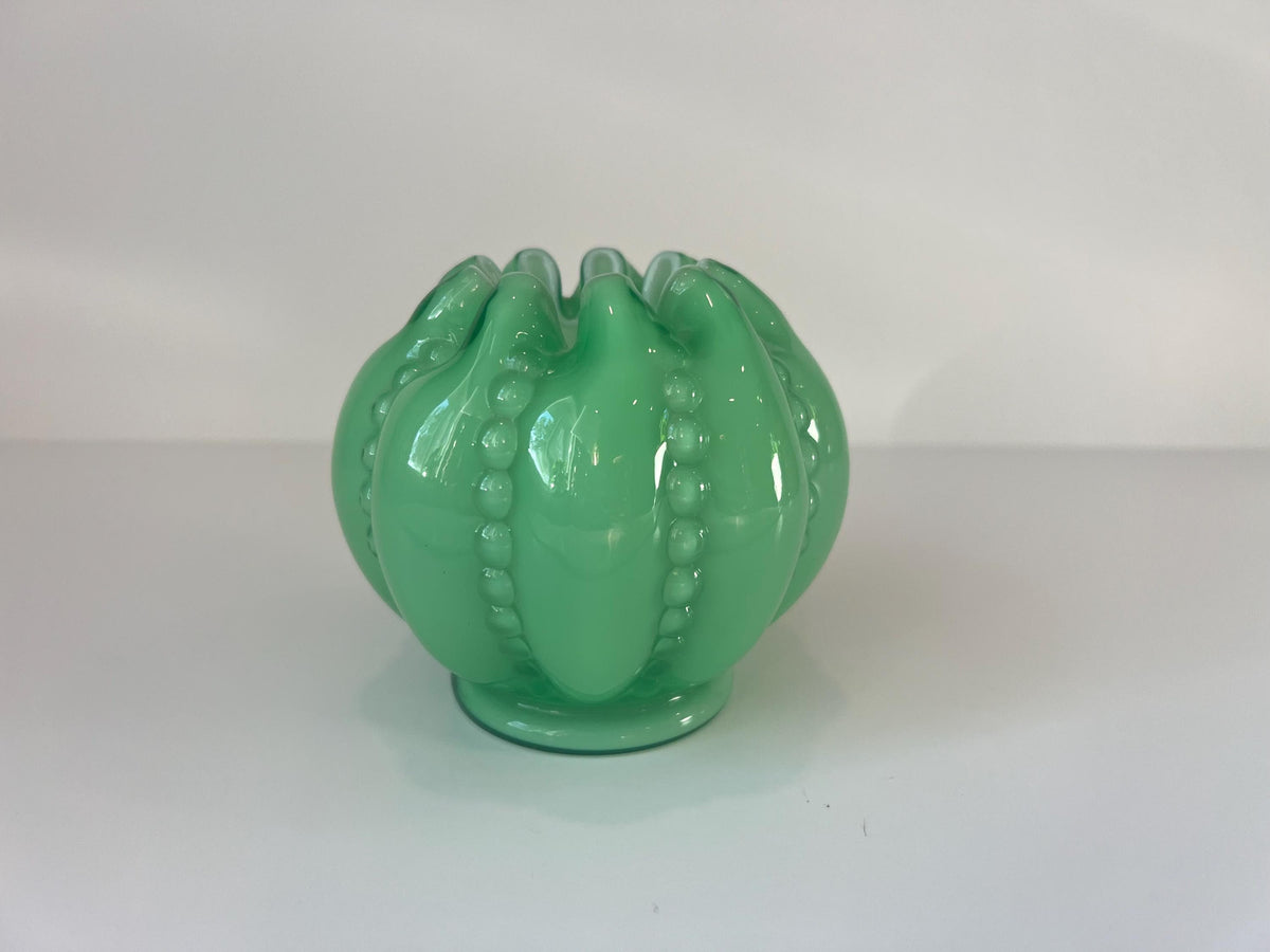 Fenton Beaded Vase - Jade Green Melon Rose Bowl, Mid-Century Art Glass