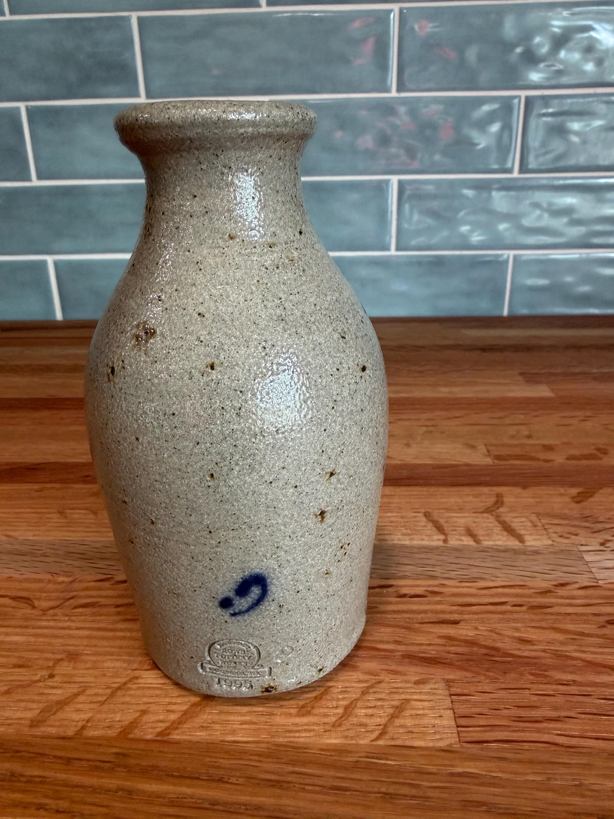 Vintage Rowe Pottery Vase – Cobalt Blue Heart Gray Salt Glaze Stoneware - 1995