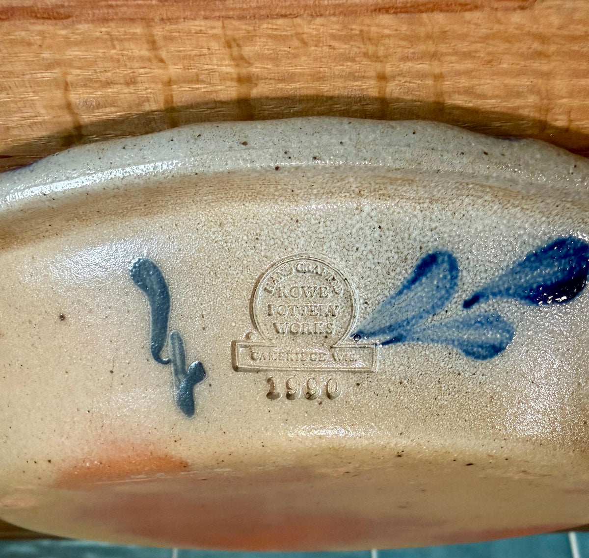 Rowe Pottery Pie Plate Dish – “Home Baked Pie” Hand-Painted Blue Heart, Vintage 1990