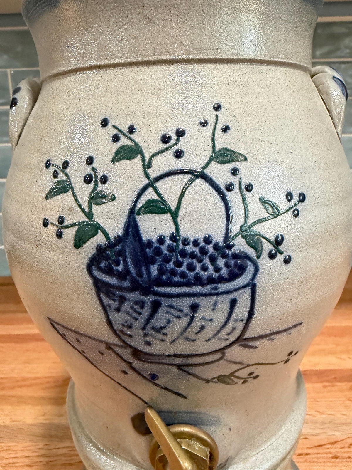 Rowe Pottery Water Cooler Drink Dispenser - Blue Berry Basket - Salt Glaze Stoneware - Brass Spigot - Vintage 1996