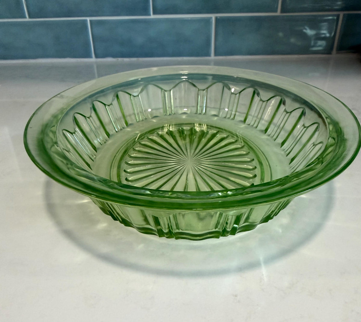 Vintage Anchor Hocking Green Uranium Glass 10” Oval Vegetable Bowl, Colonial