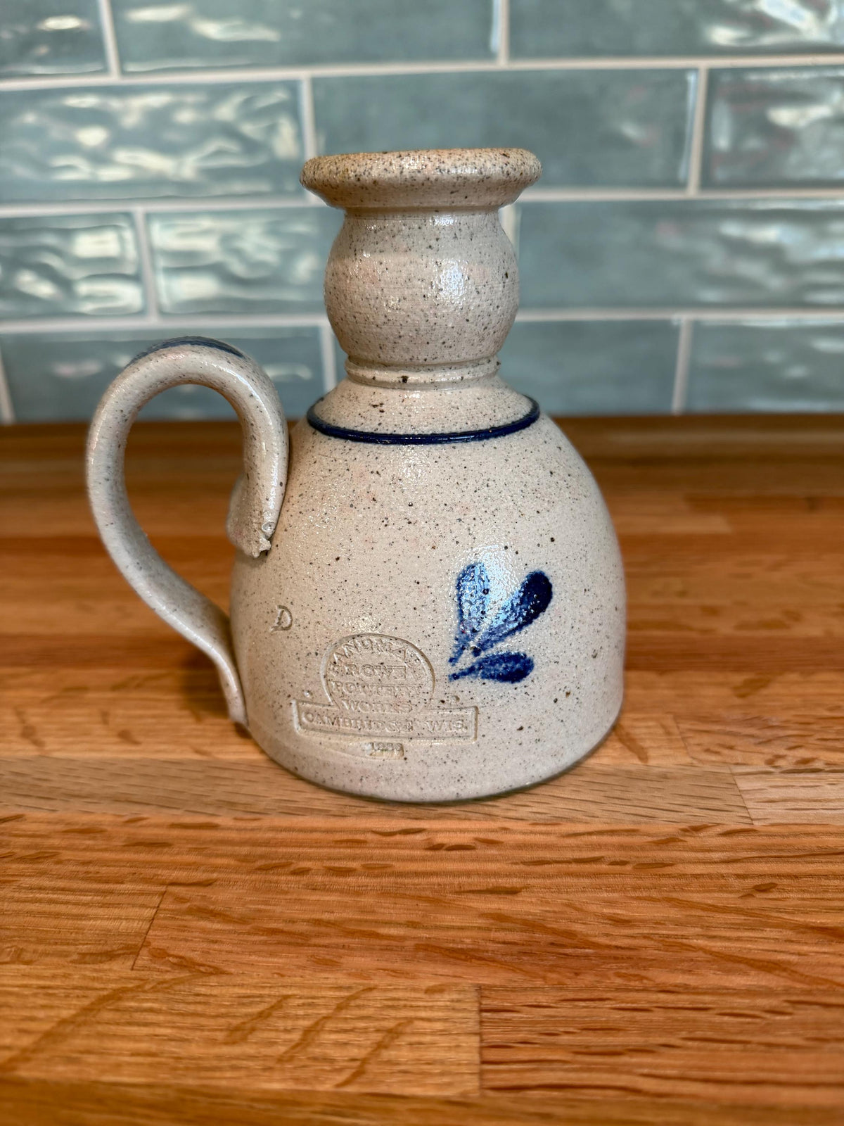 Vintage Rowe Pottery Candle Holder – Hand-Painted Cobalt Blue Heart, 1986