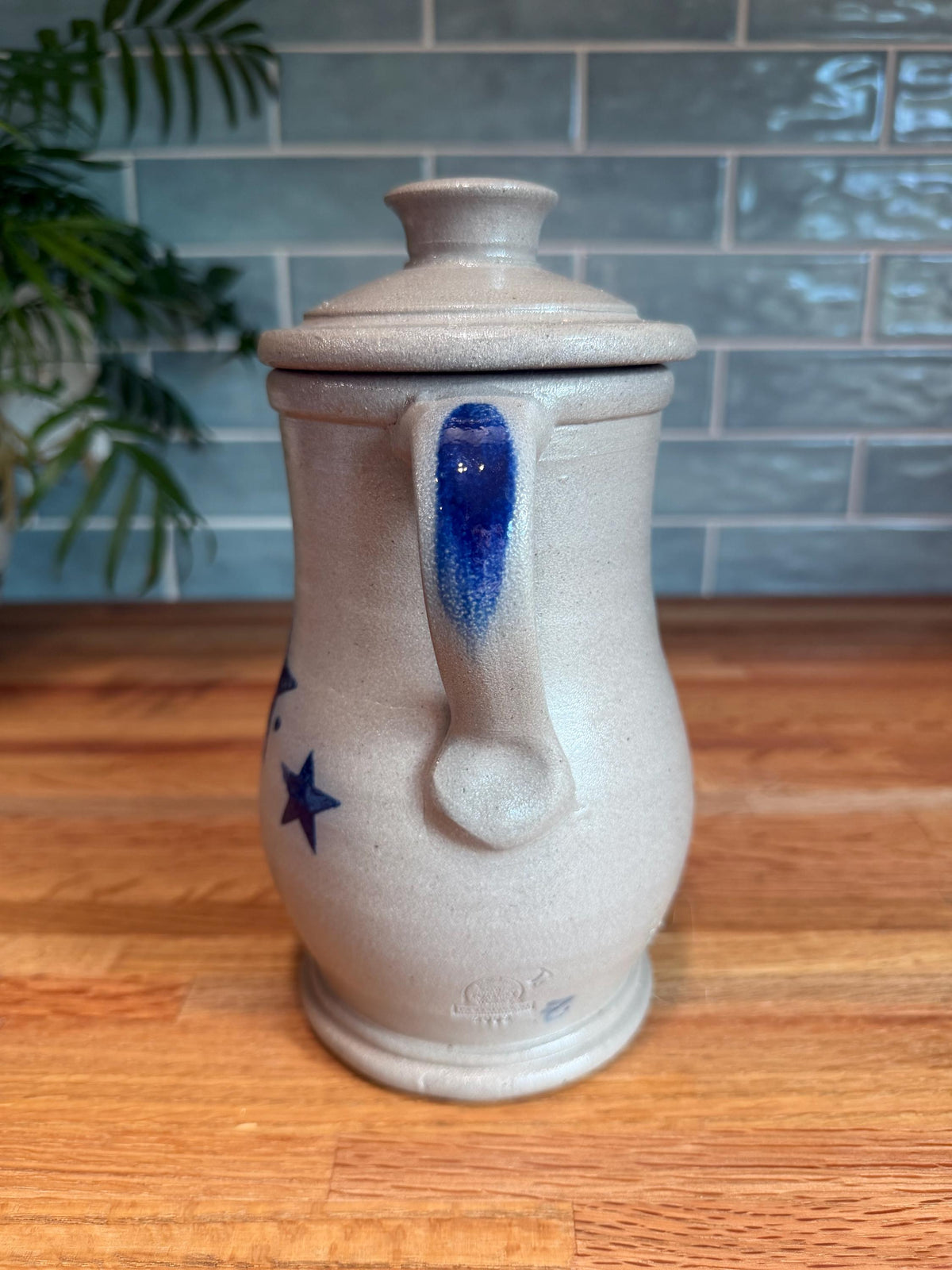 Rowe Pottery Storm Jar - Cobalt Blue Stars - Gray Salt Glaze Stoneware - Candle Holder Jug - Vintage 2002