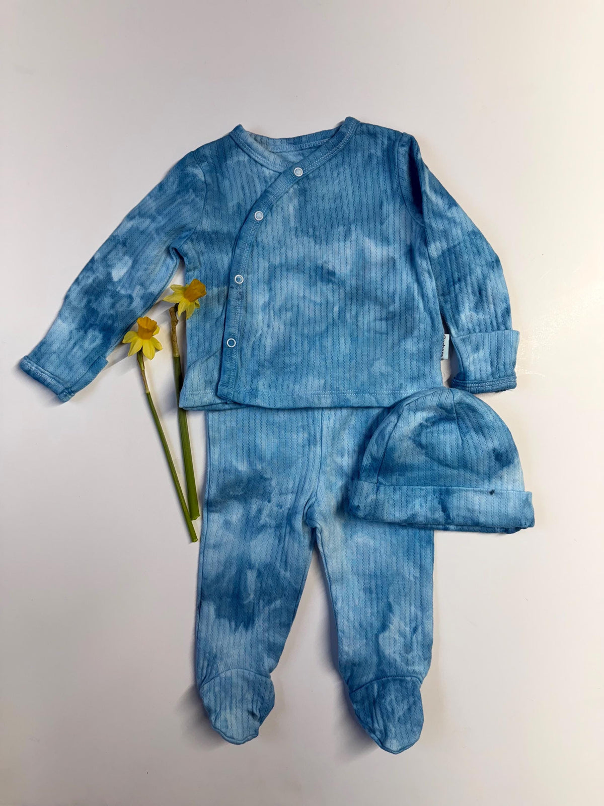 Ice Dye Baby Layette Set – Blue Cotton Outfit, Newborn Gift