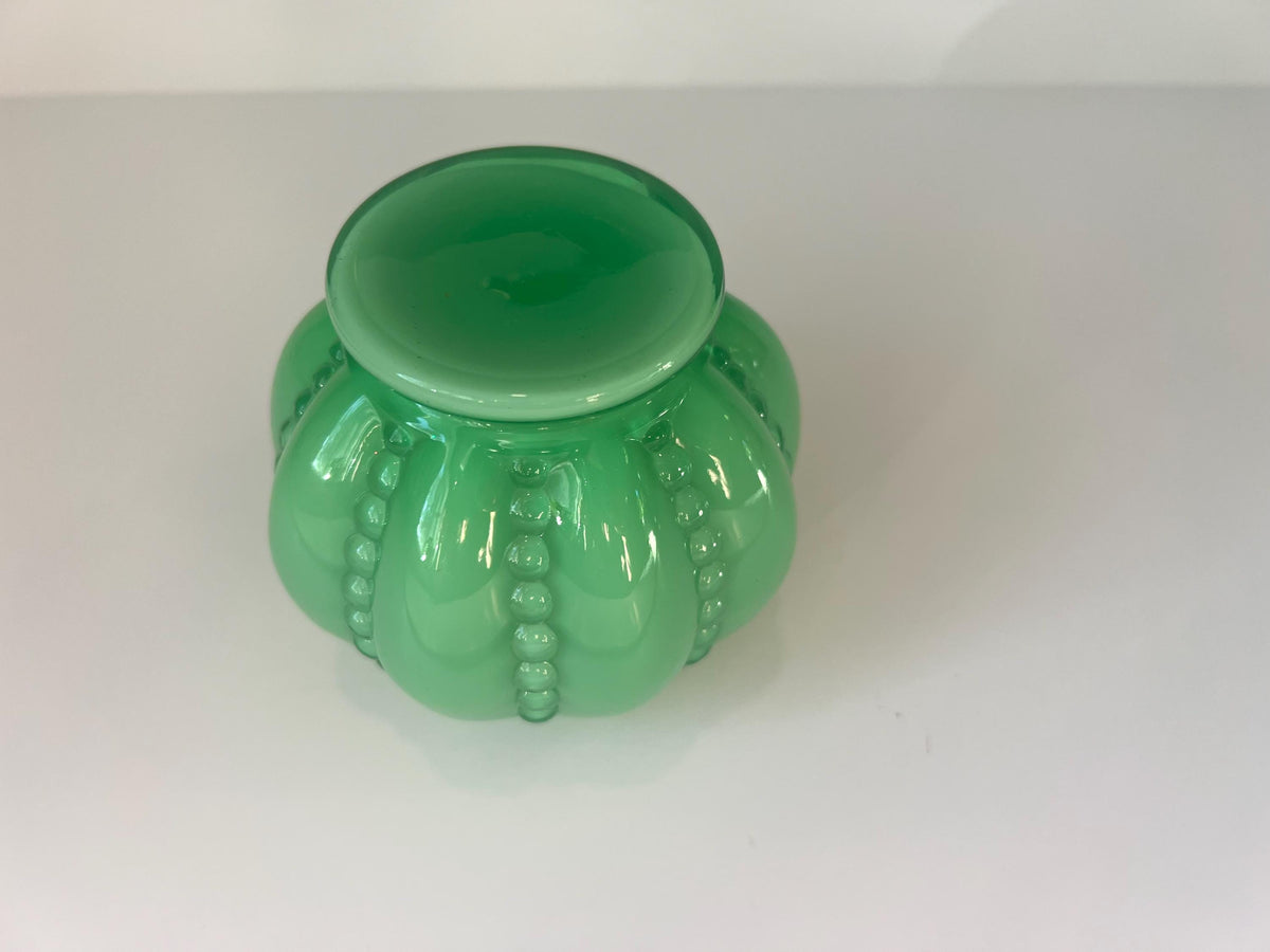 Fenton Beaded Vase - Jade Green Melon Rose Bowl, Mid-Century Art Glass