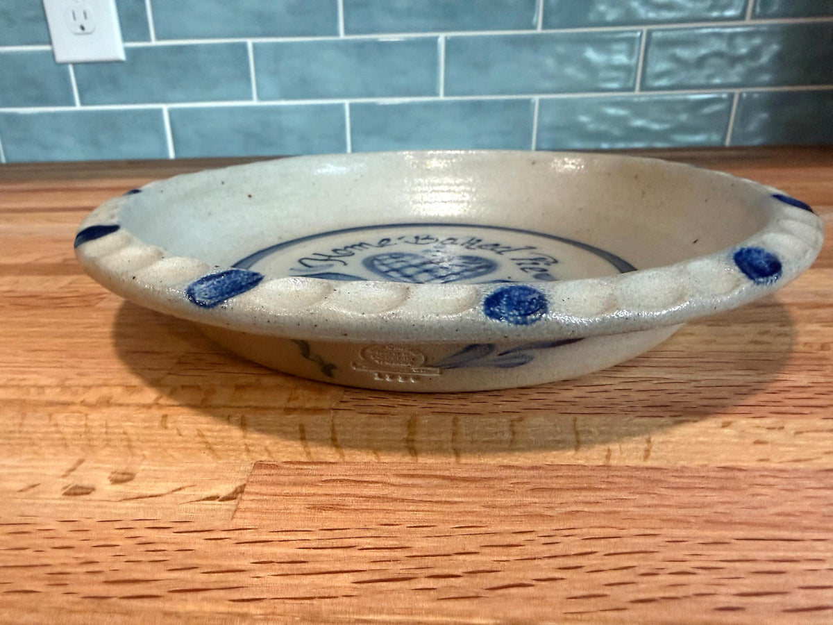 Rowe Pottery Pie Plate Dish – “Home Baked Pie” Hand-Painted Blue Heart, Vintage 1990