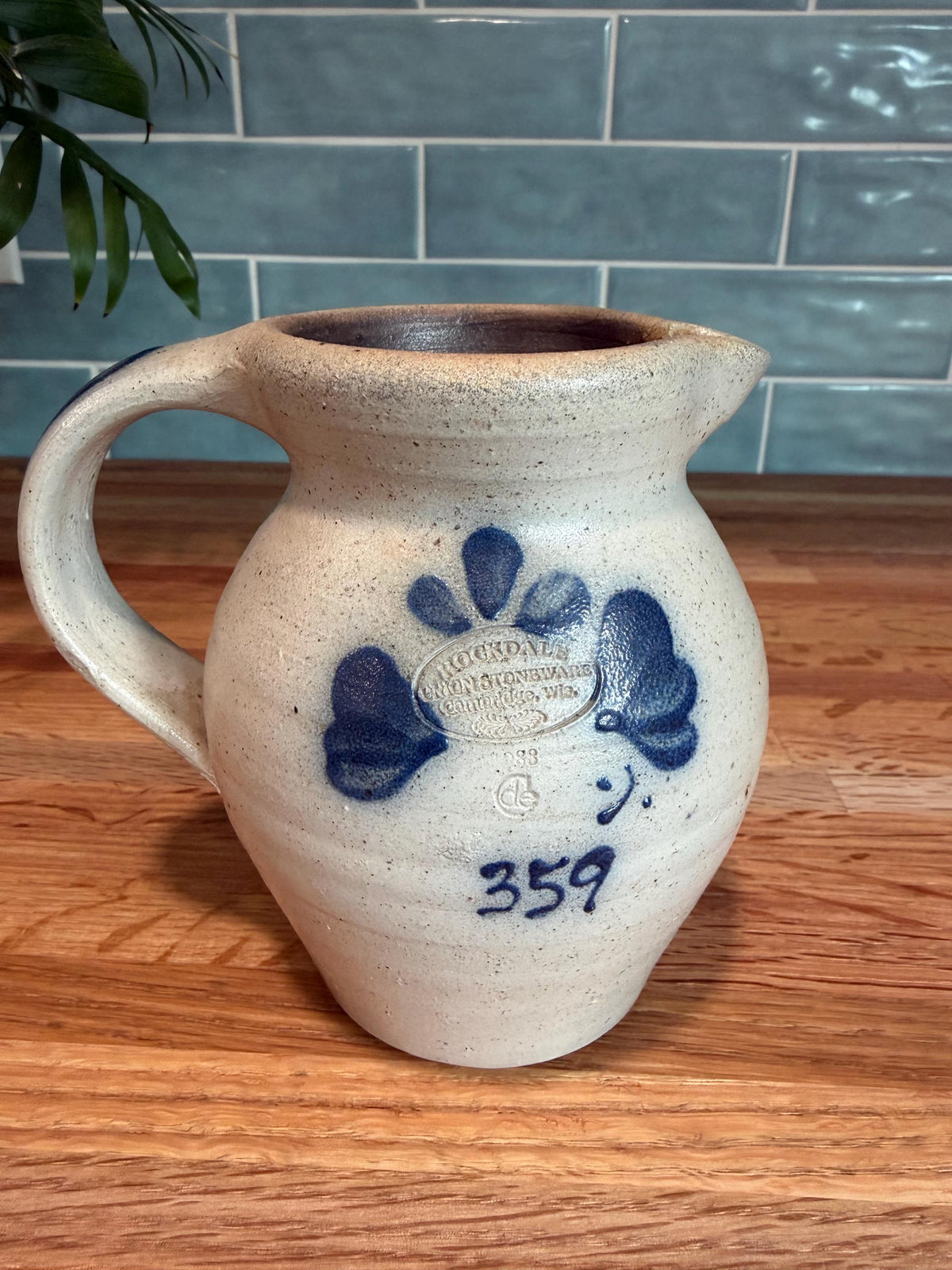 Vintage Rockdale Pottery Cream & Sugar Set, Pitcher and Sugar Bowl with Lid, Hand-Painted Blue Floral, Heart, Salt Glaze