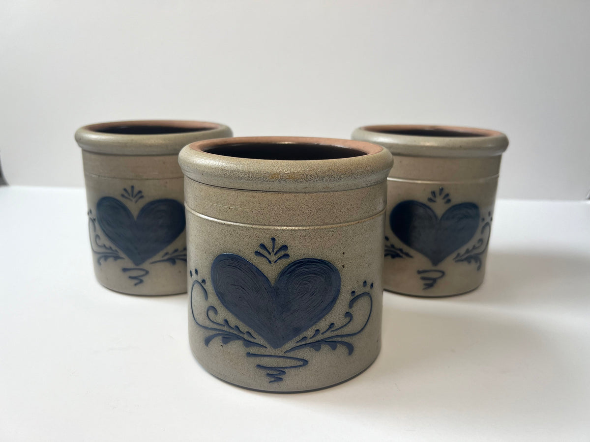 Vintage Rockdale Pottery Crock Set – Gray Salt Glaze Stoneware, Hand-Painted Blue Heart