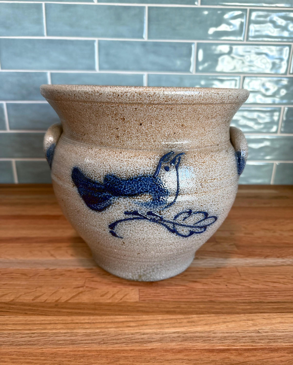 Rockdale Pottery Large Planter Crock – Hand-Painted Blue Bird, Salt Glaze Stoneware, Vintage 1984