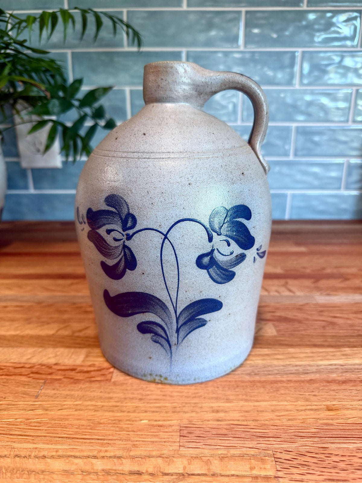 Rockdale Pottery Jug with Handle - Hand Painted Blue Floral - Salt Glaze Stoneware - Vintage 1993