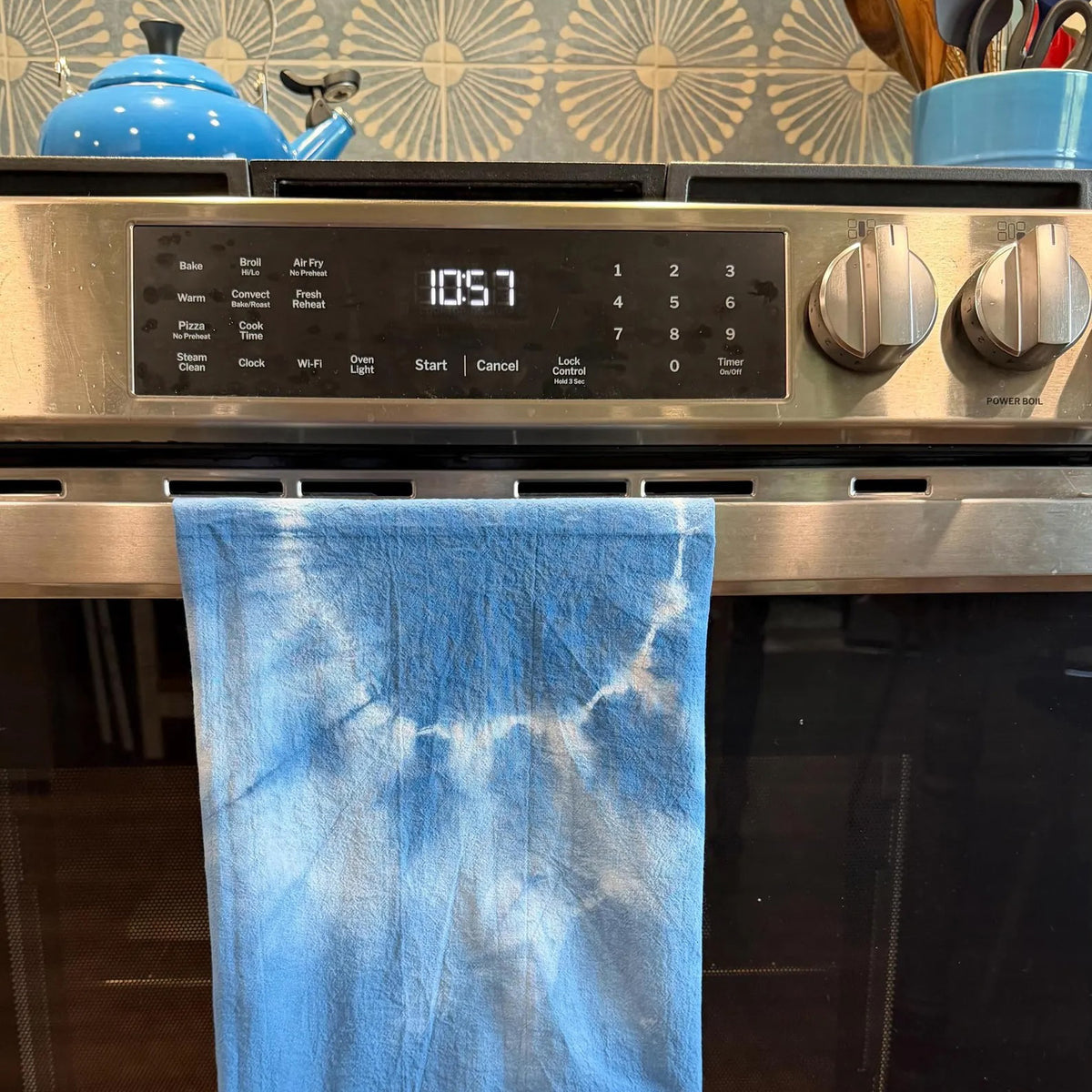 Tie Dye Tea Towel - Hand Dyed Shibori Indigo Blue Bullseye - 100% Cotton Cloth Textiles - Kitchen Home Decor Hostess Wedding Shower Gift