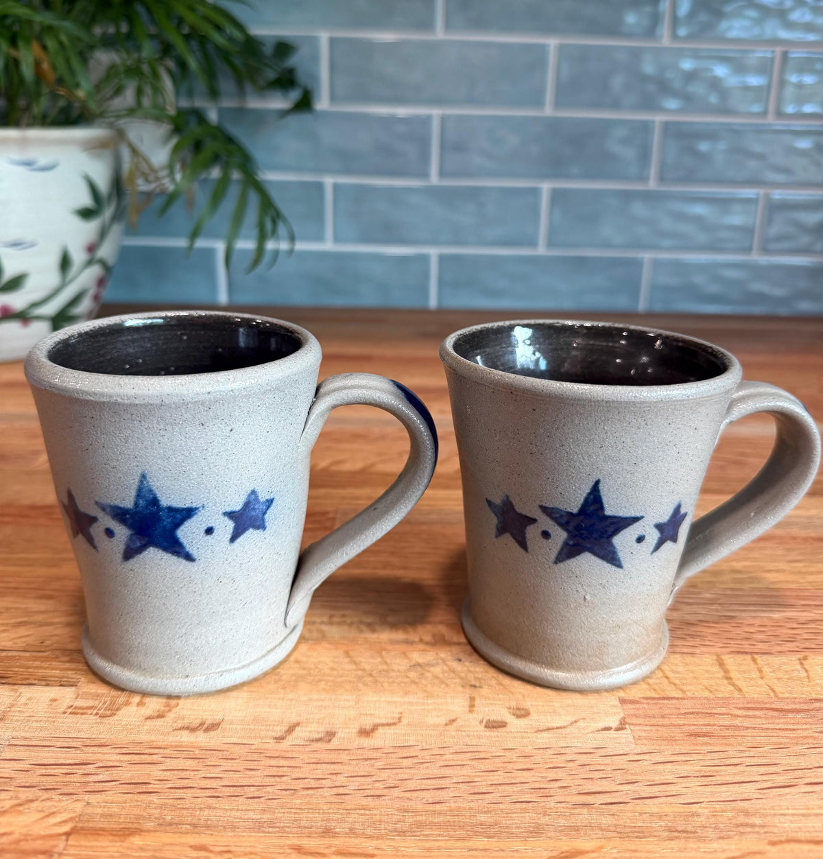 Vintage Rowe Pottery Coffee Mug Set of 2 - Cobalt Blue Stars - Gray Salt Glazed Stoneware