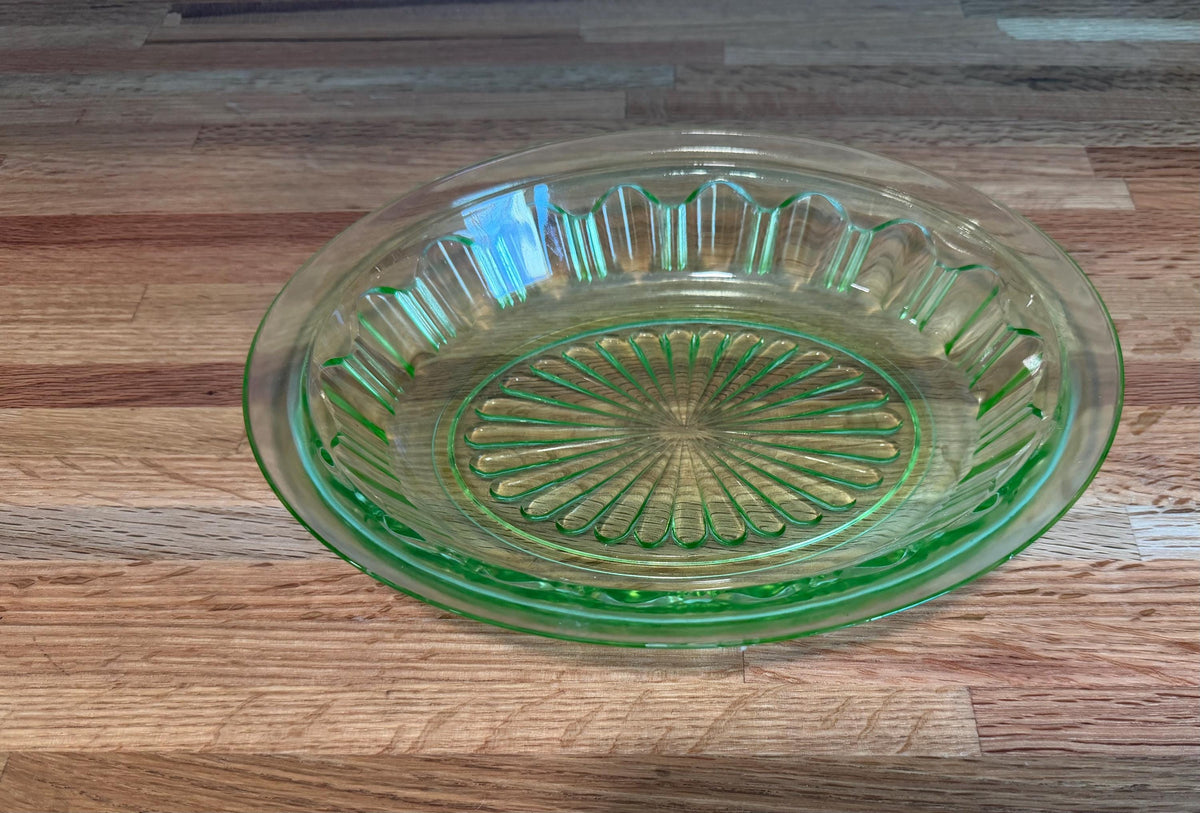 Vintage Anchor Hocking Green Uranium Glass 10” Oval Vegetable Bowl, Colonial