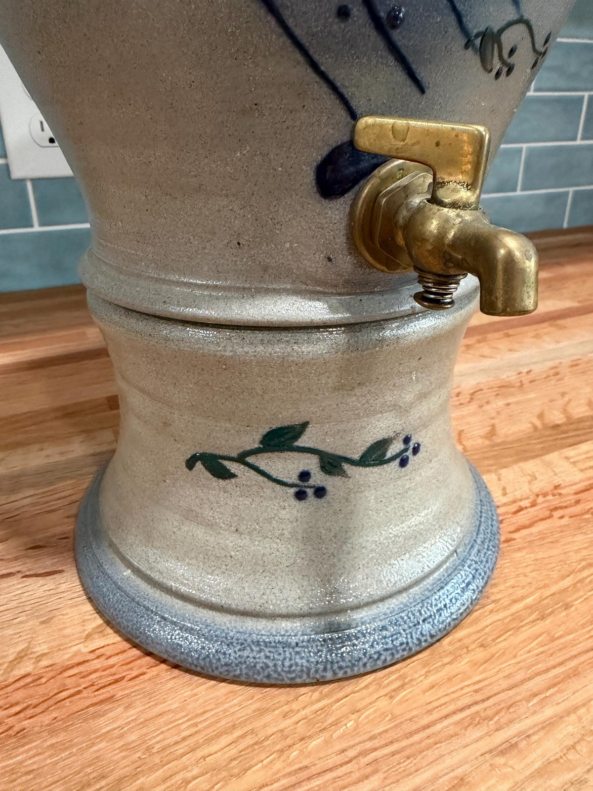 Rowe Pottery Water Cooler Drink Dispenser - Blue Berry Basket - Salt Glaze Stoneware - Brass Spigot - Vintage 1996