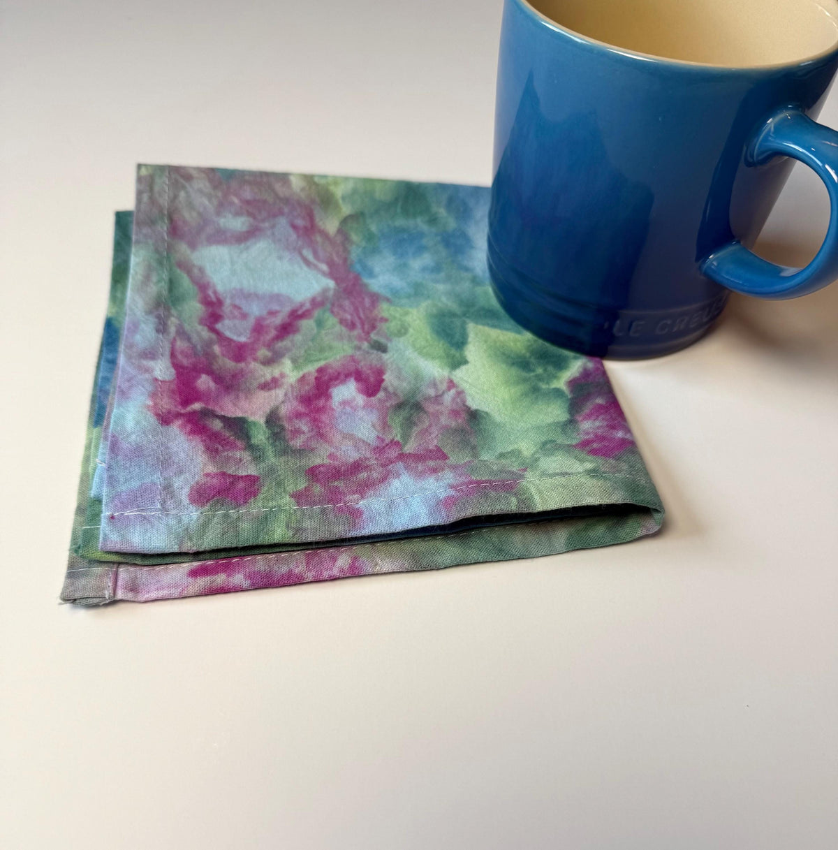 Ice Dye Garden Party Cloth Cocktail Napkins Set of 6 - Hand Dyed 100% Cotton Green Pink Blue 12”x12”- Tie Dye Table Linens Textiles