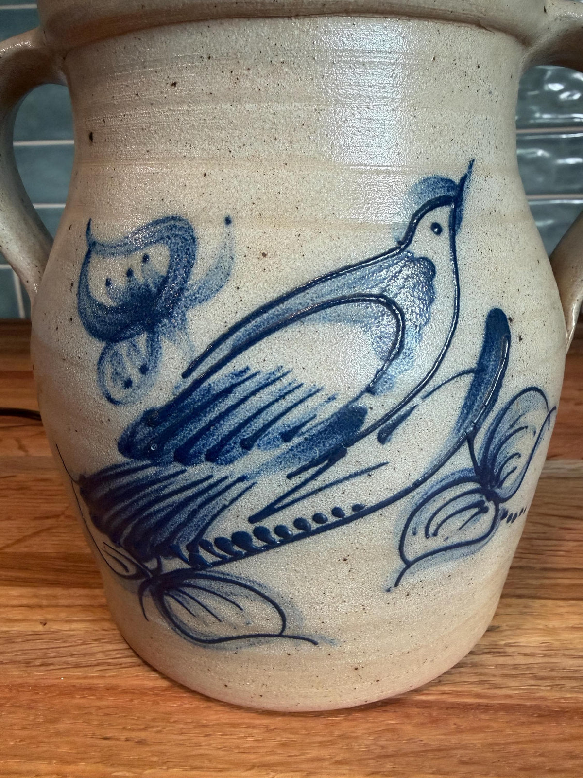 Rowe Pottery Lamp - Hand Painted Cobalt Blue Bird - Gray Salt Glaze Stoneware, Brass Cap - Vintage Wisconsin Folk Art 1990