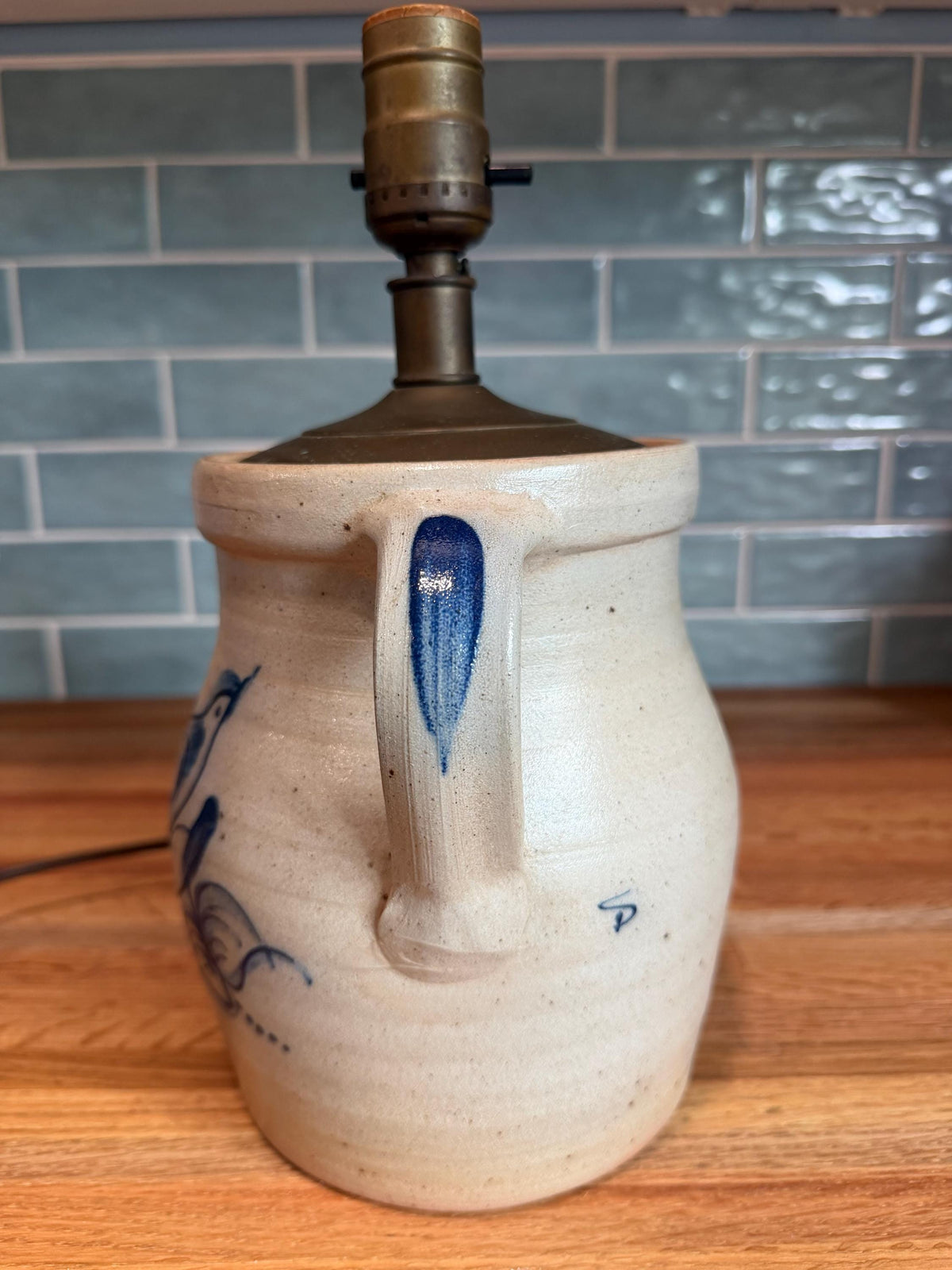 Rowe Pottery Lamp - Hand Painted Cobalt Blue Bird - Gray Salt Glaze Stoneware, Brass Cap - Vintage Wisconsin Folk Art 1990