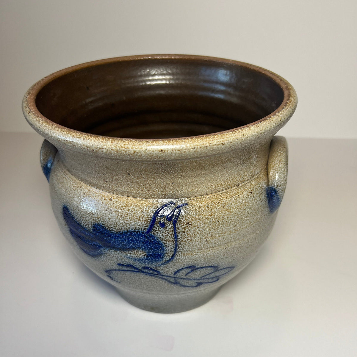 Rockdale Pottery Large Planter Crock – Hand-Painted Blue Bird, Salt Glaze Stoneware, Vintage 1984
