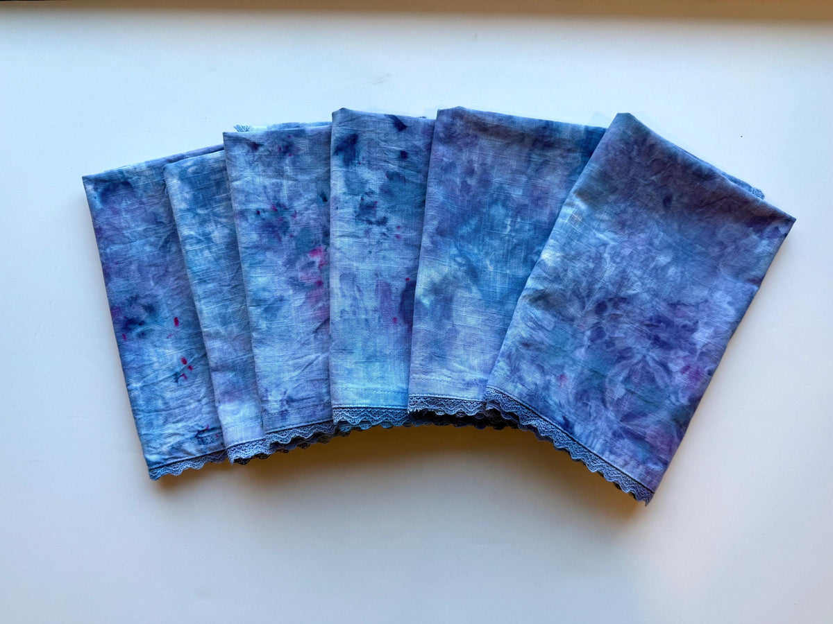 Ice Dyed Midnight Blue Cloth Napkin Set of 6 - Crochet Lace Trim -100% Cotton 20”x20”- Hand Dyed - Northern Sky Table Linens Textiles