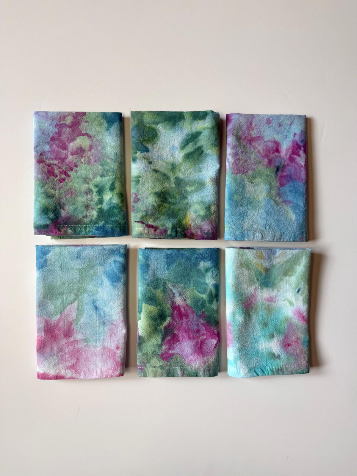 Ice Dye Garden Party Cloth Cocktail Napkins Set of 6 - Hand Dyed 100% Cotton Green Pink Blue 12”x12”- Tie Dye Table Linens Textiles