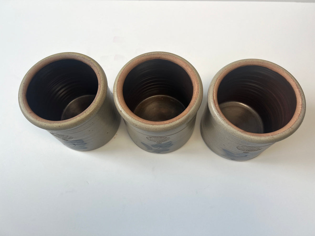 Vintage Rockdale Pottery Crock Set – Gray Salt Glaze Stoneware, Hand-Painted Blue Heart