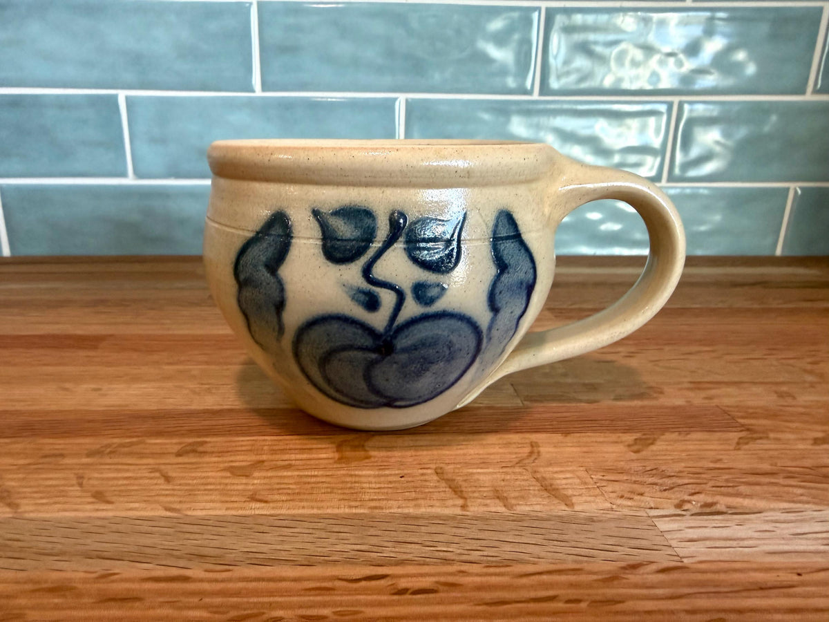 Shadowlawn Pottery Apple Stoneware Soup Mug – Hand-Painted Cobalt Blue, Salt Glaze - Vintage Wisconsin Folk Art
