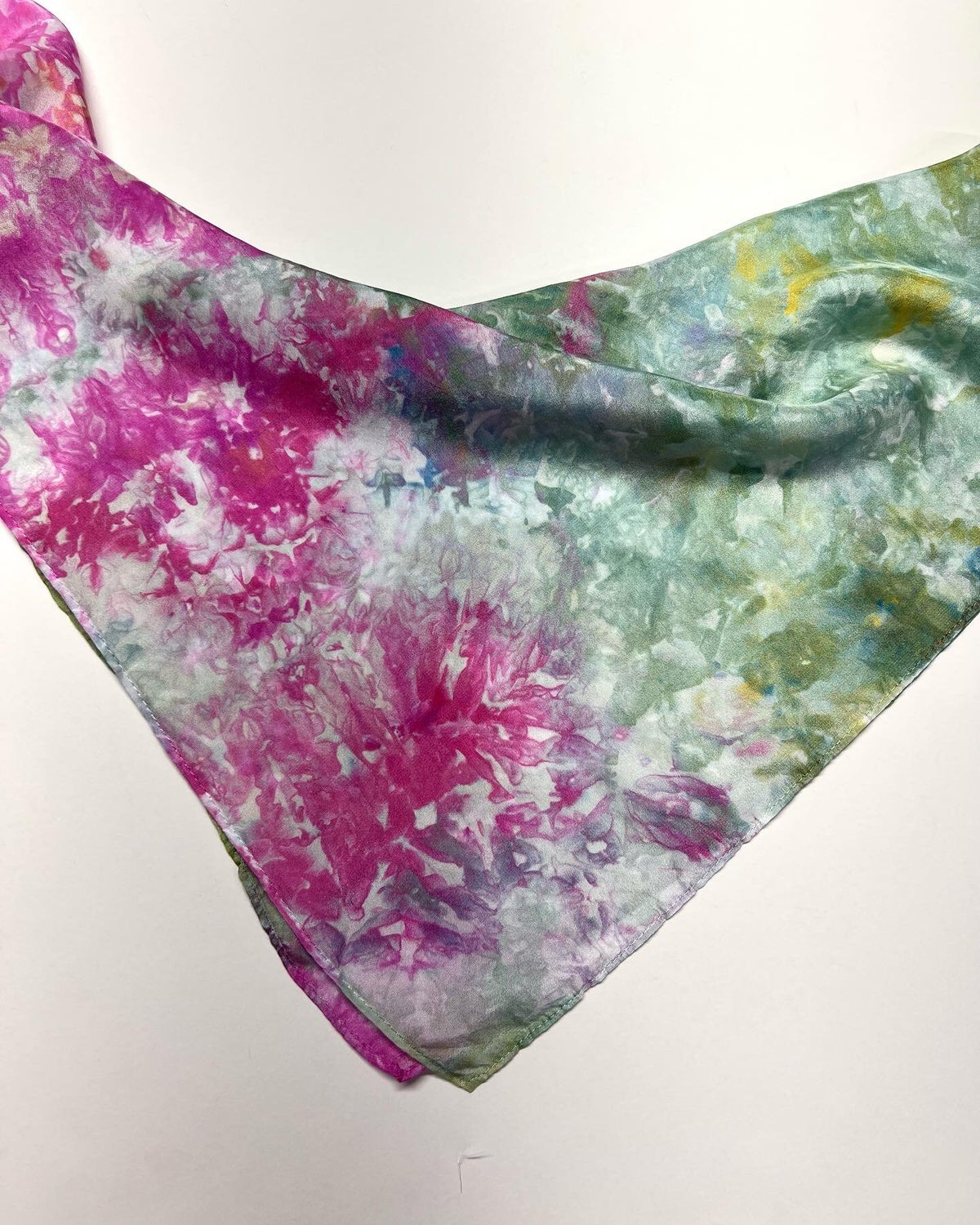 Hand Dyed Silk Scarf - Fuschia Pink & Green Ice Dye 100% Silk - Hair Head Square Scarf, Neck Bandana