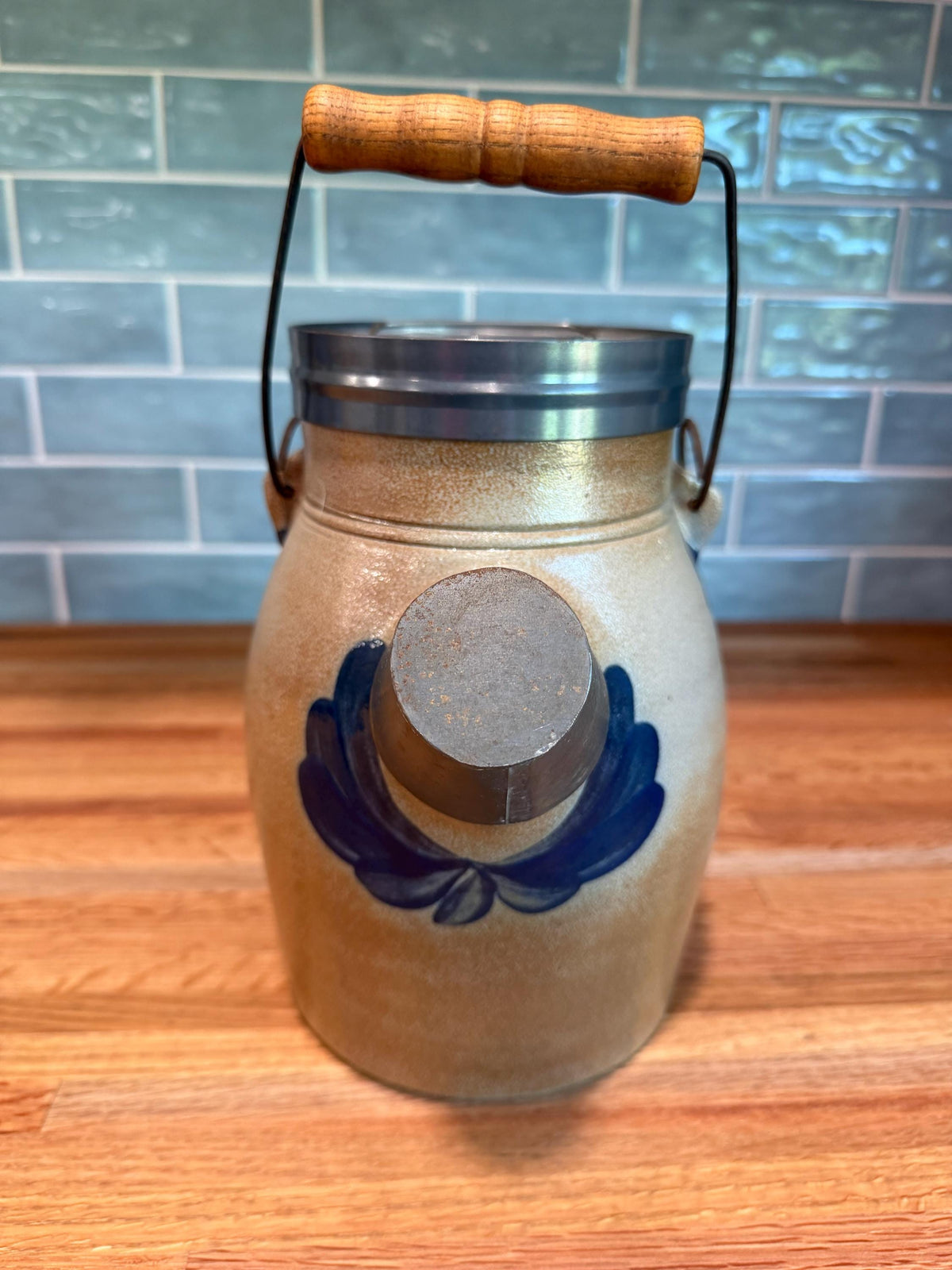 Rowe Pottery Batter Pitcher Jug - Anniversary Edition Vintage 2000 - Metal Lid & Cap - Salt Glaze Gray Stoneware
