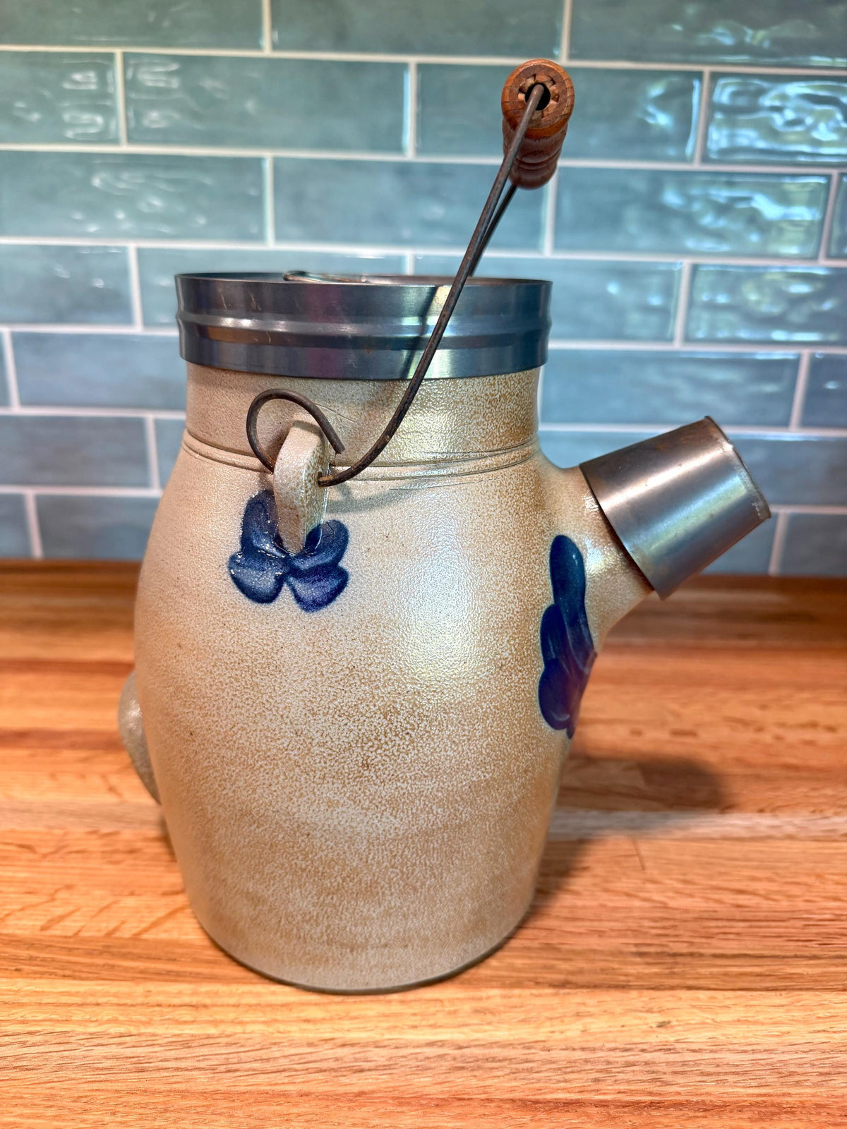 Rowe Pottery Batter Pitcher Jug - Anniversary Edition Vintage 2000 - Metal Lid & Cap - Salt Glaze Gray Stoneware
