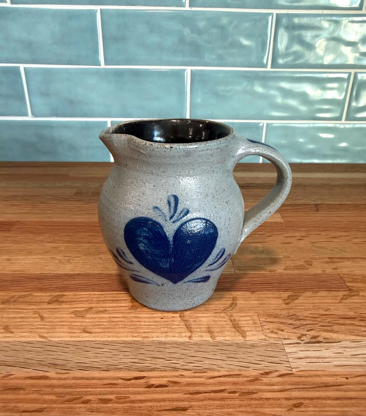 Vintage Rockdale Pottery Pitcher – Hand-Painted Cobalt Blue Heart, 1995