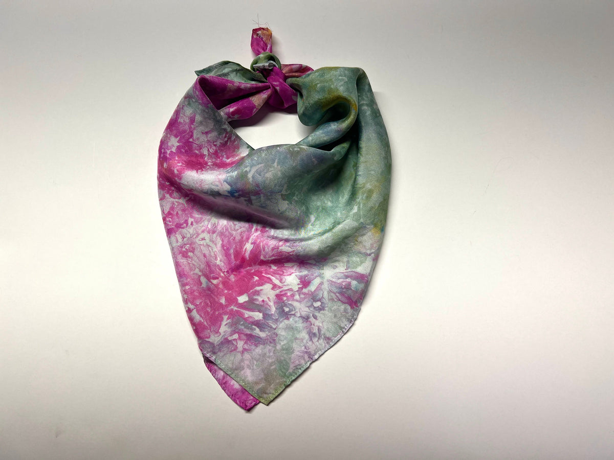 Hand Dyed Silk Scarf - Fuschia Pink & Green Ice Dye 100% Silk - Hair Head Square Scarf, Neck Bandana