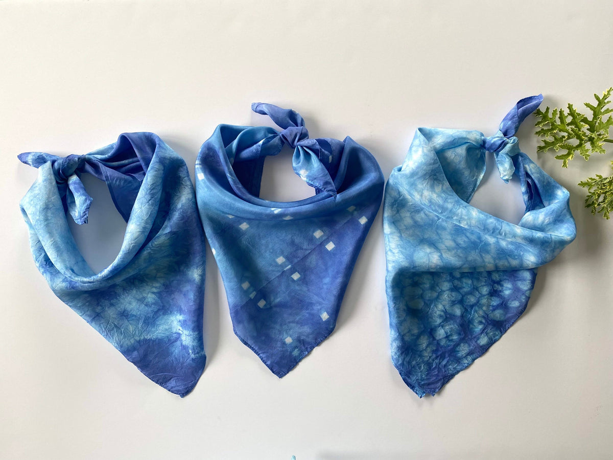Indigo Blue Shibori Clouds Silk Scarf: Hand-Dyed Bandana, Head Scarf