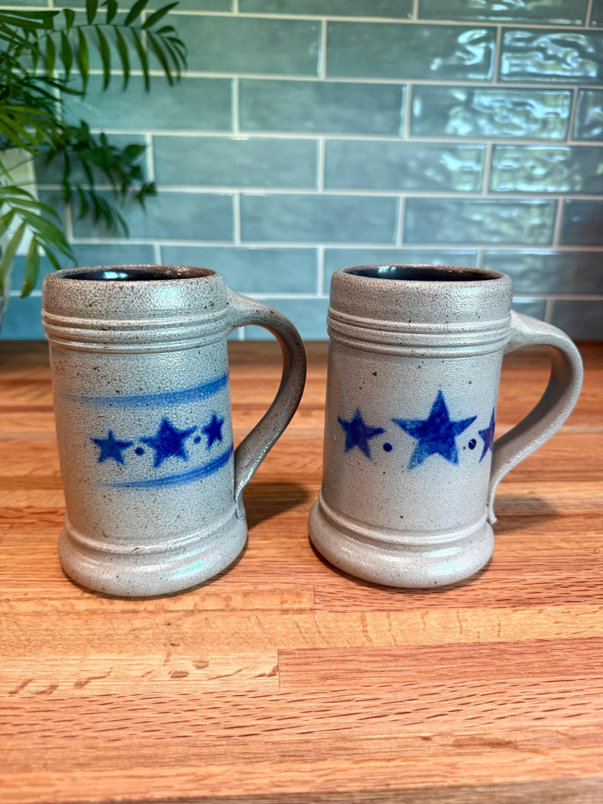 Rowe Pottery Coffee Tankard Mug Set of 2 - Cobalt Blue Stars - Gray Salt Glazed Stoneware - Beer Steins - Vintage