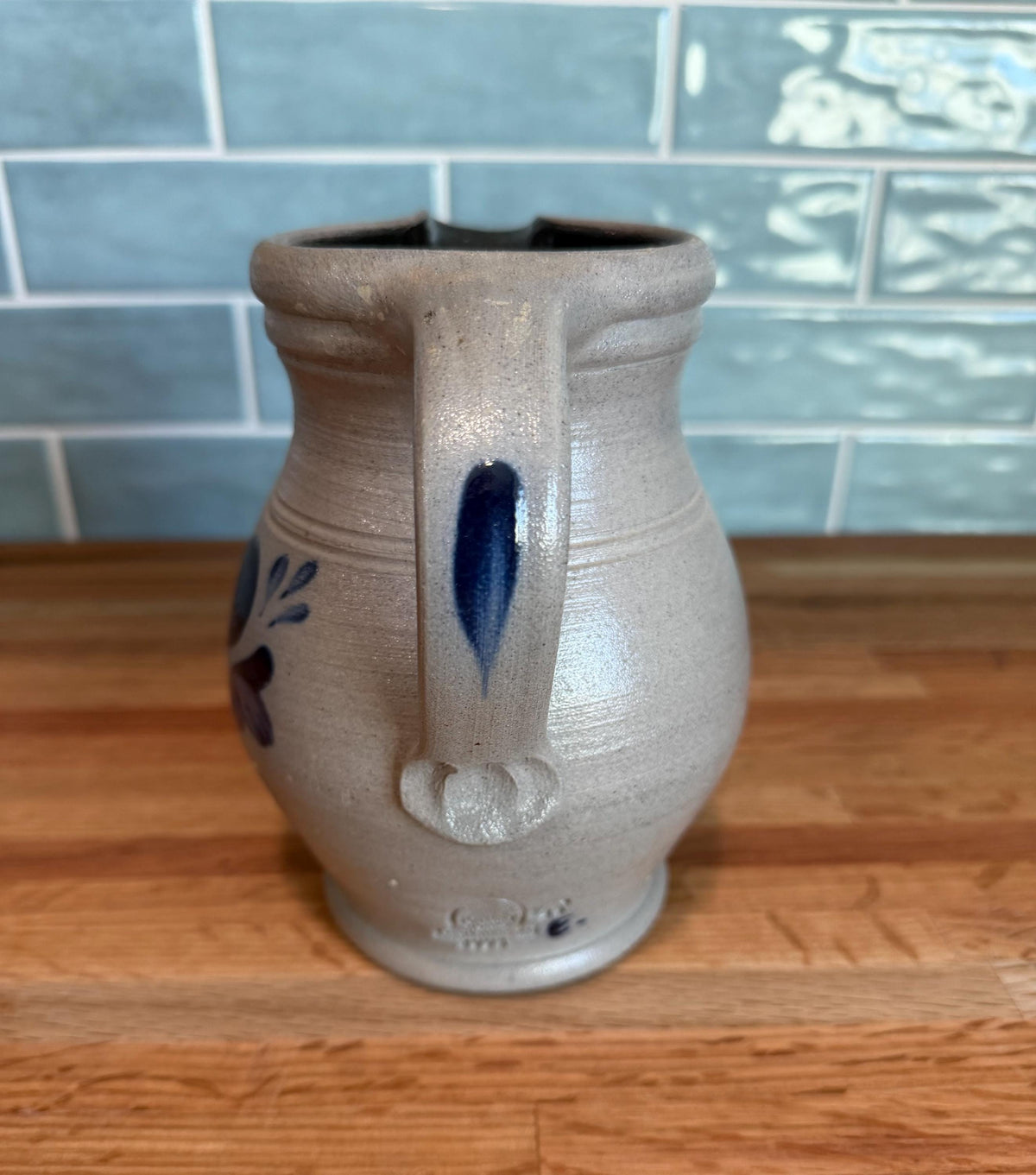 Rowe Pottery Quart Pitcher – Hand-Painted Cobalt Blue Heart - Salt Glaze Stoneware- Vintage Wisconsin Art