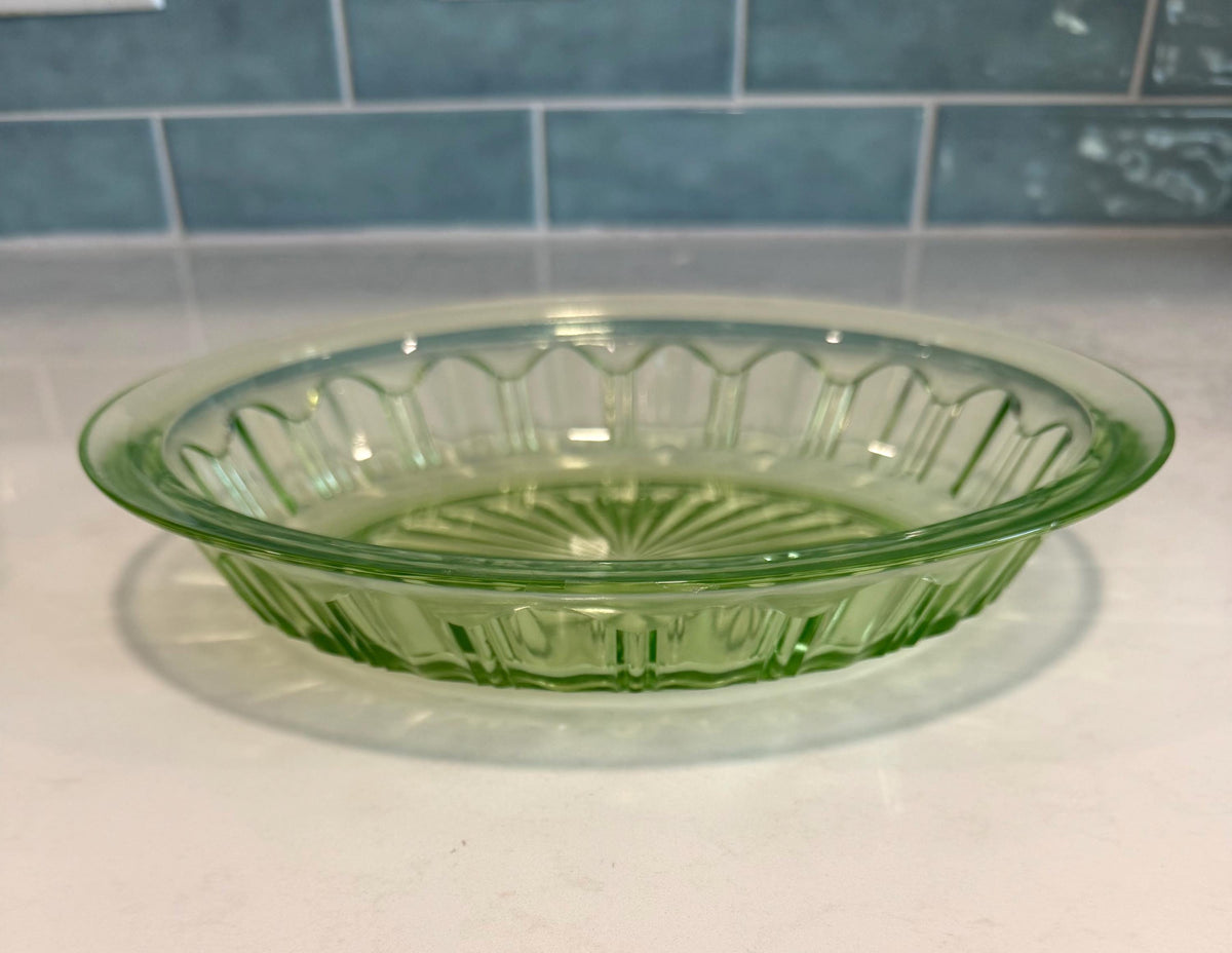 Vintage Anchor Hocking Green Uranium Glass 10” Oval Vegetable Bowl, Colonial