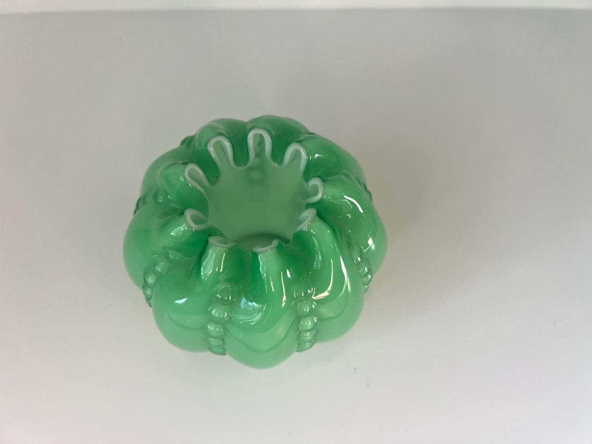 Fenton Beaded Vase - Jade Green Melon Rose Bowl, Mid-Century Art Glass