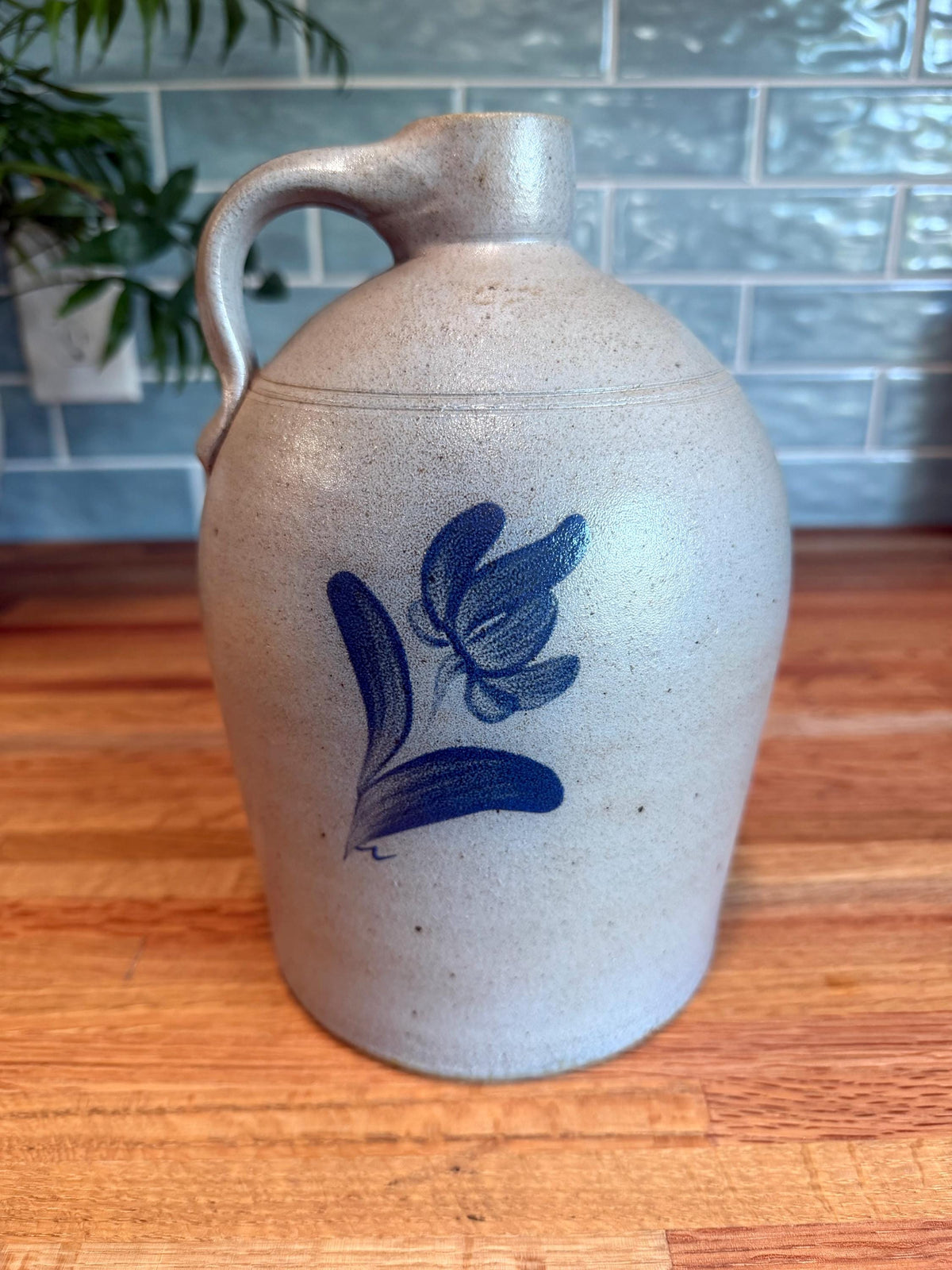 Rockdale Pottery Jug with Handle - Hand Painted Blue Floral - Salt Glaze Stoneware - Vintage 1993