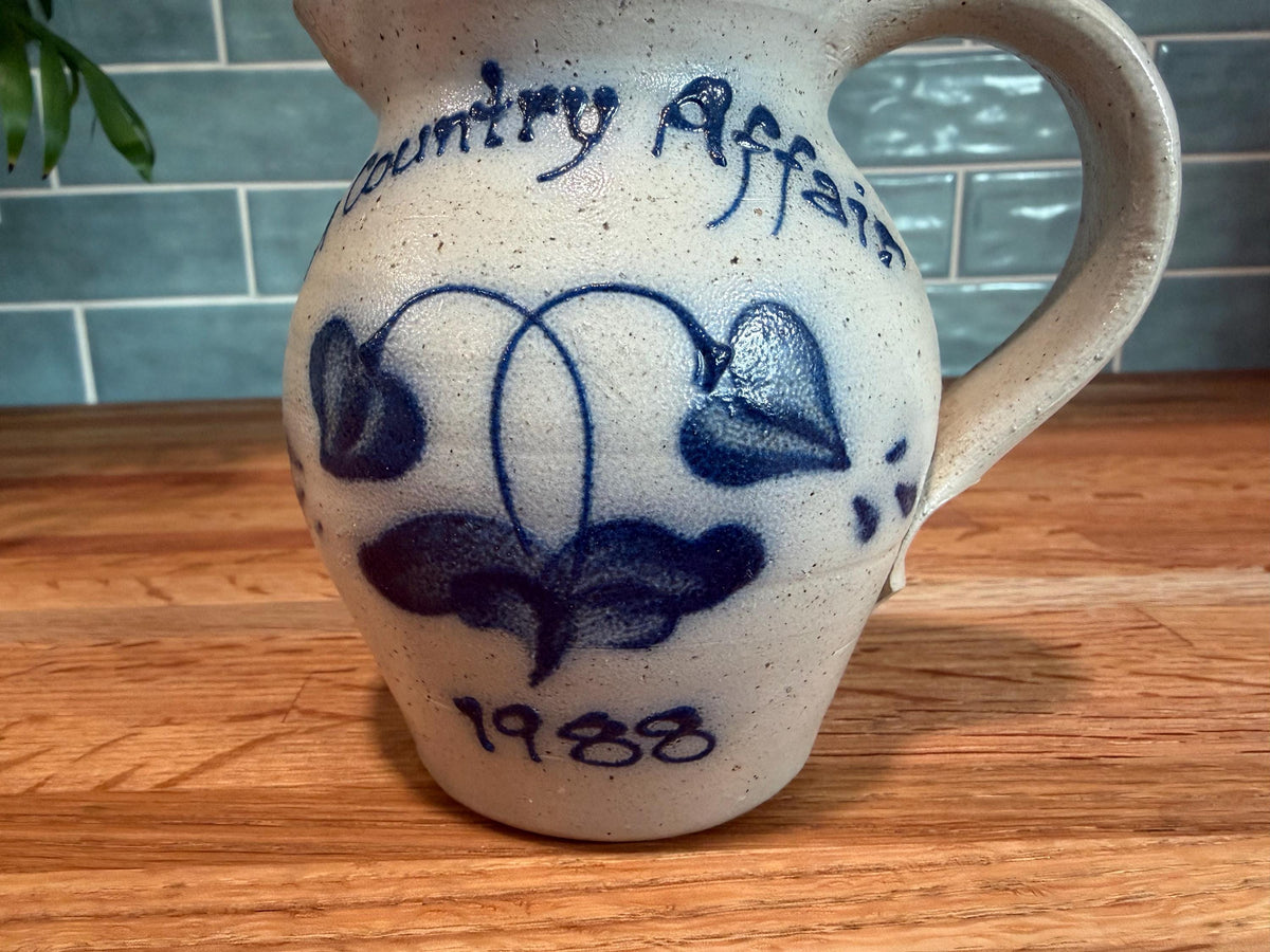 Vintage Rockdale Pottery Cream & Sugar Set, Pitcher and Sugar Bowl with Lid, Hand-Painted Blue Floral, Heart, Salt Glaze